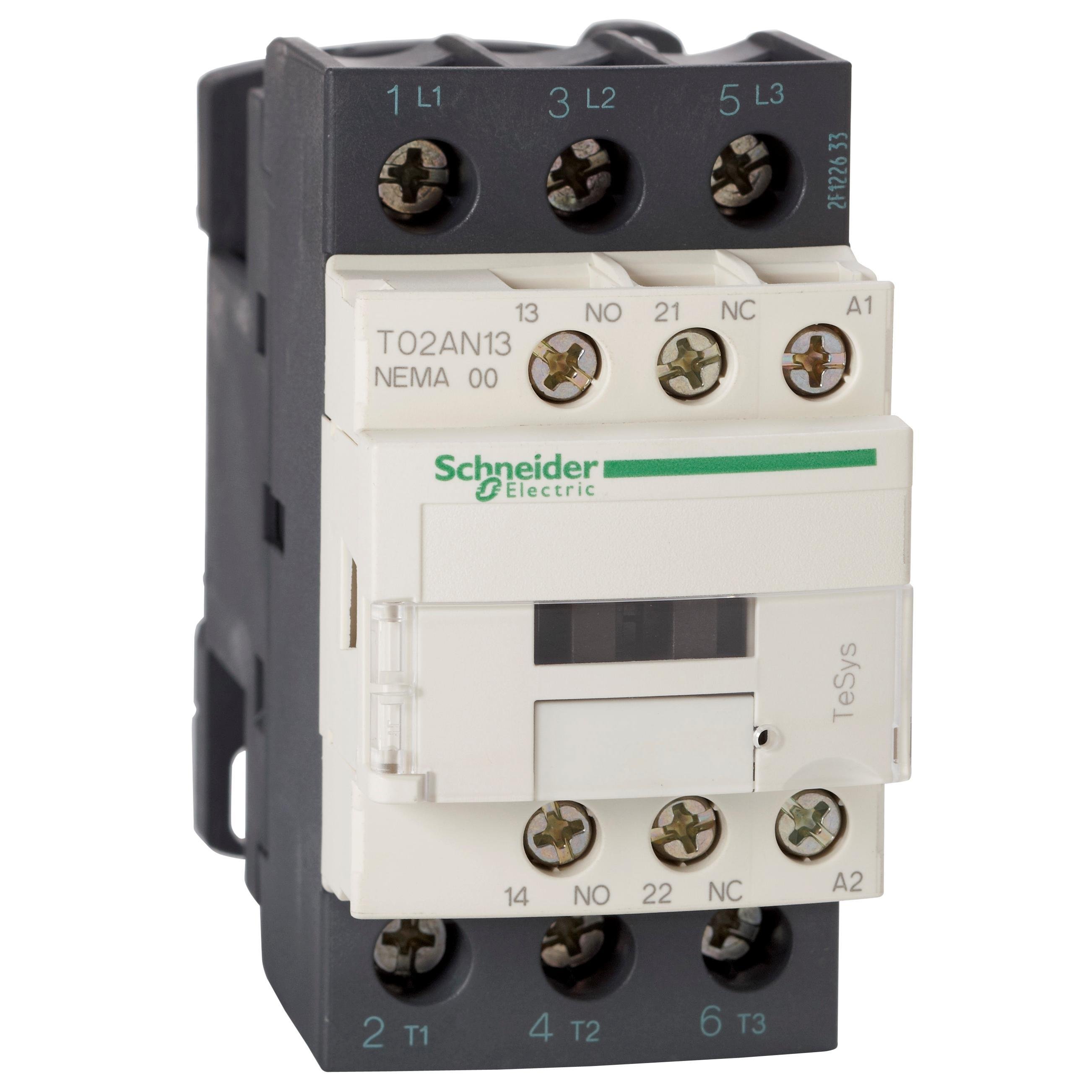 T02AN13BD - NEMA Contactor, TeSys N, nonreversing, Size 00, 9A, 2HP at 460VAC, 3 pole, 3 phase, 24VDC coil, open