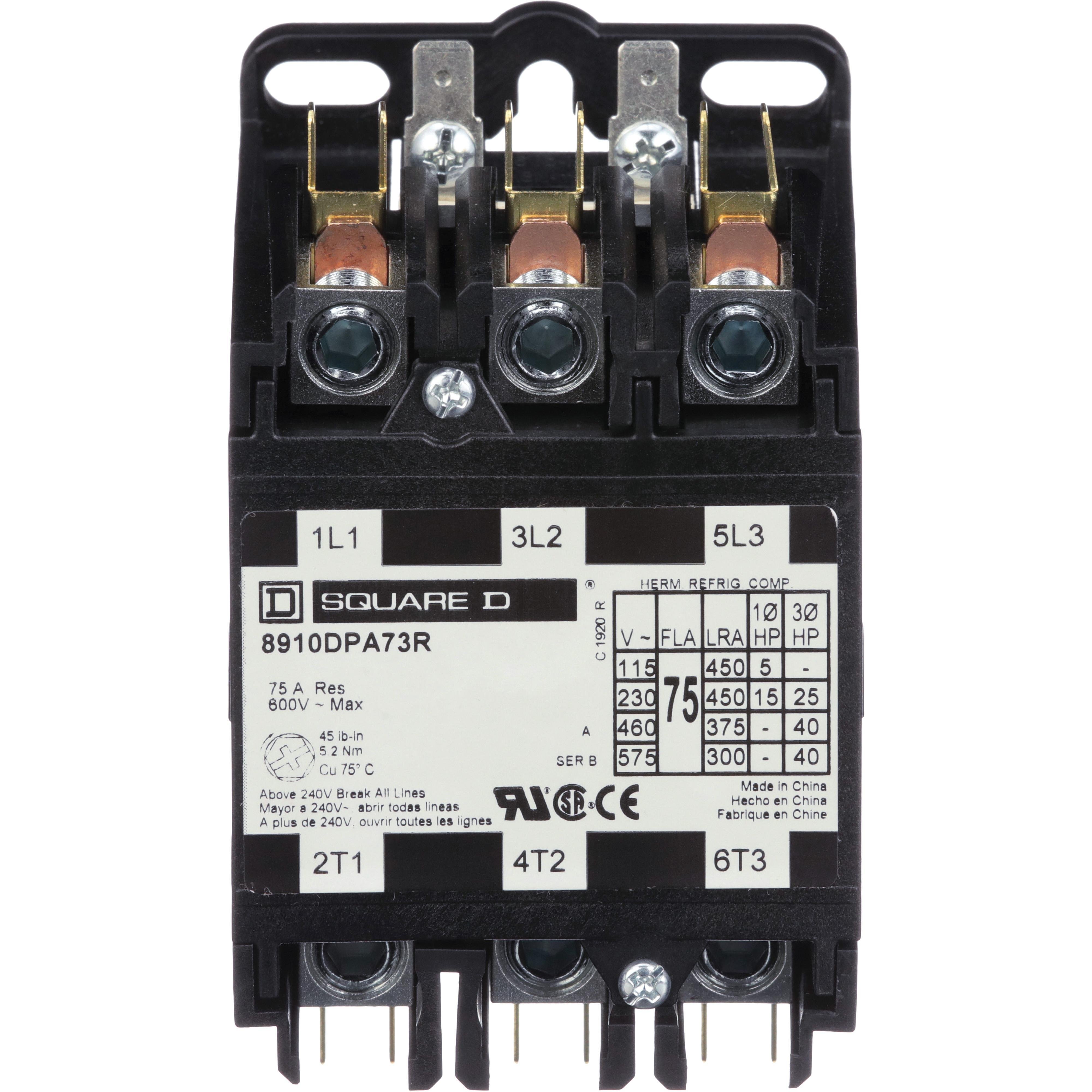 8910DPA73RV02 - Contactor, Definite Purpose, 75A, 3 pole, 40 HP at 575 VAC, 3 phase, 110/120 VAC 50/60 Hz coil, open