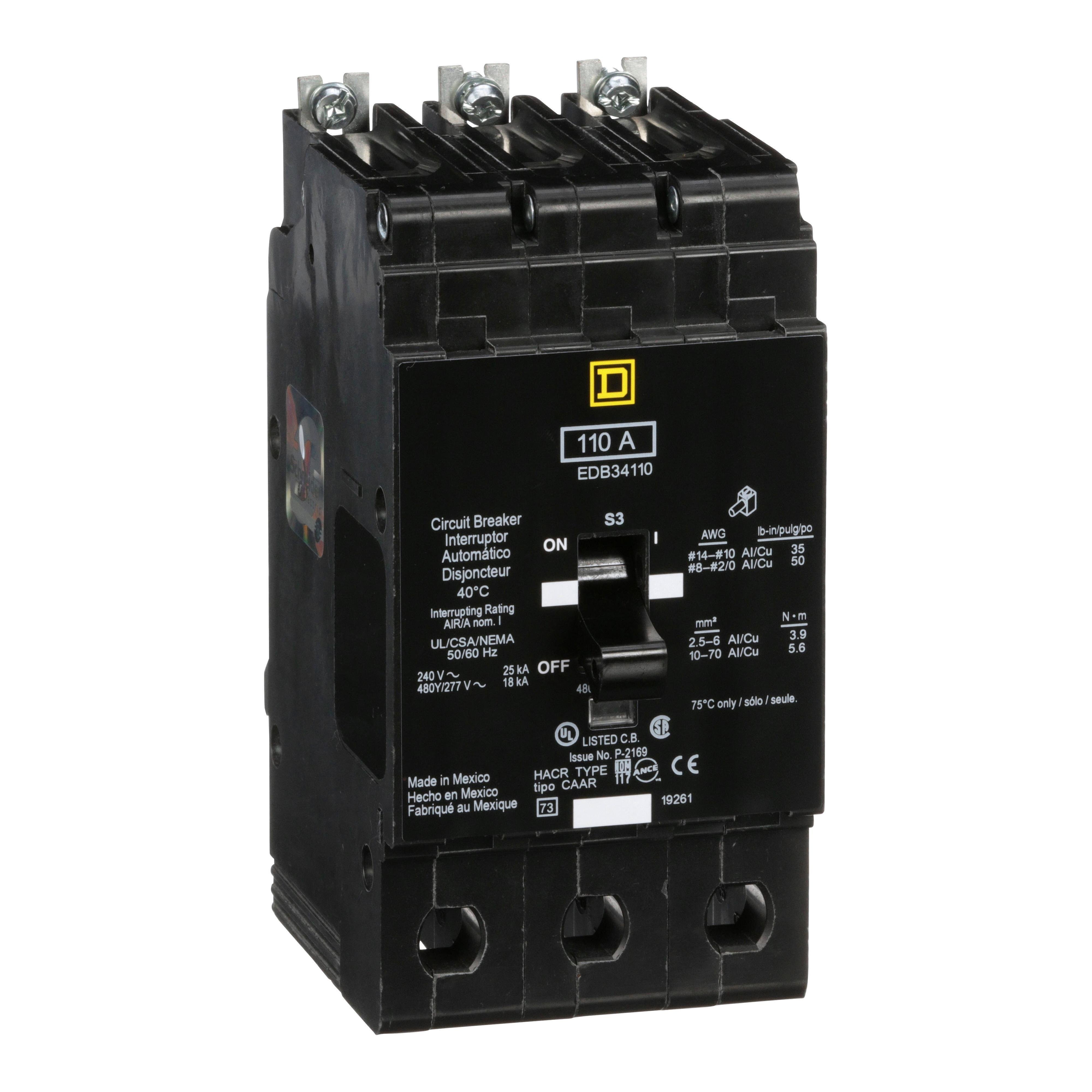 Picture of EDB34110 - Mini circuit breaker, E-Frame, 110A, 3 pole, 480Y/277VAC, 25kA max, bolt on [TAA]