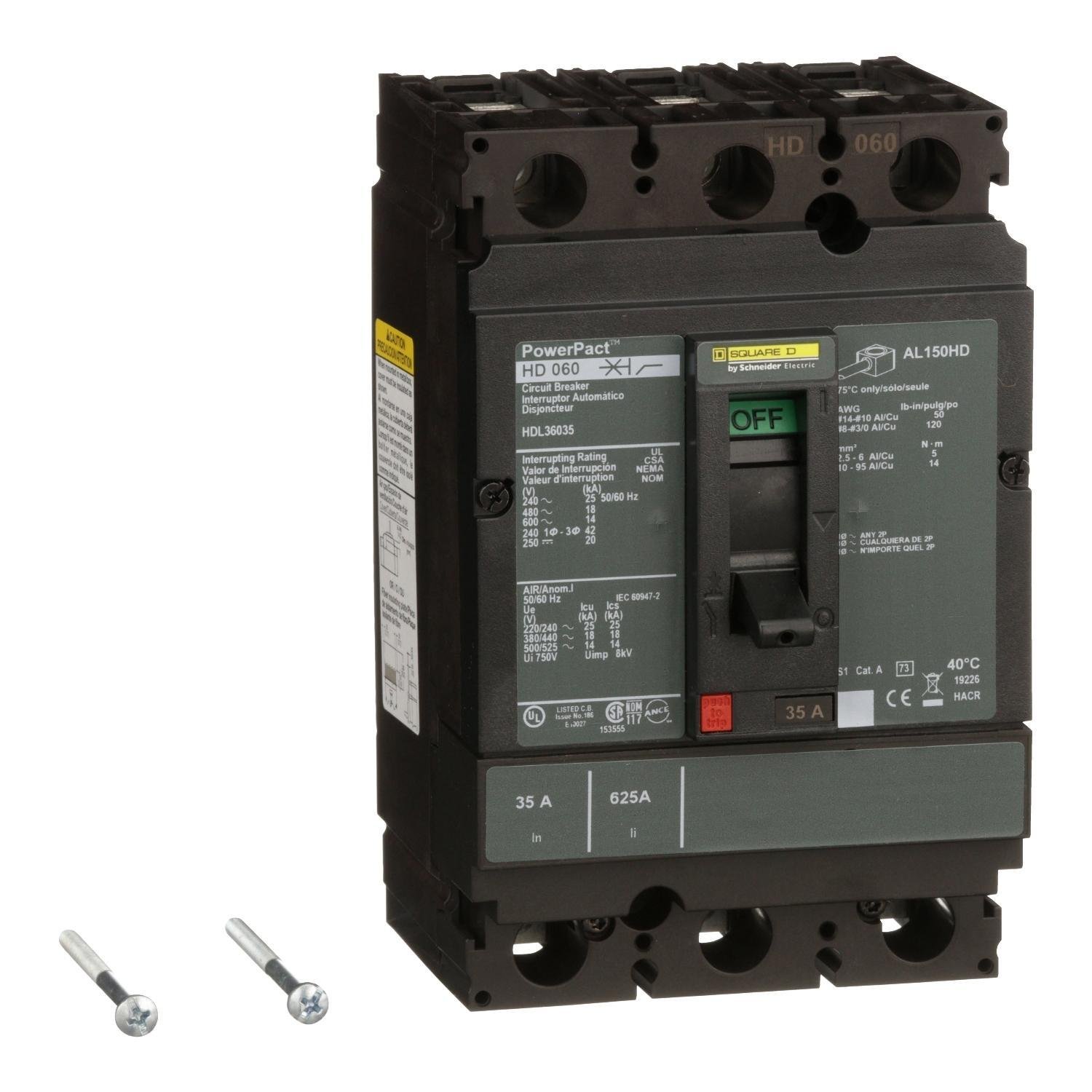 Picture of HDL36035 - Circuit breaker, PowerPacT H, 35A, 3 pole, 600VAC, 14kA, lugs, thermal magnetic, 80%