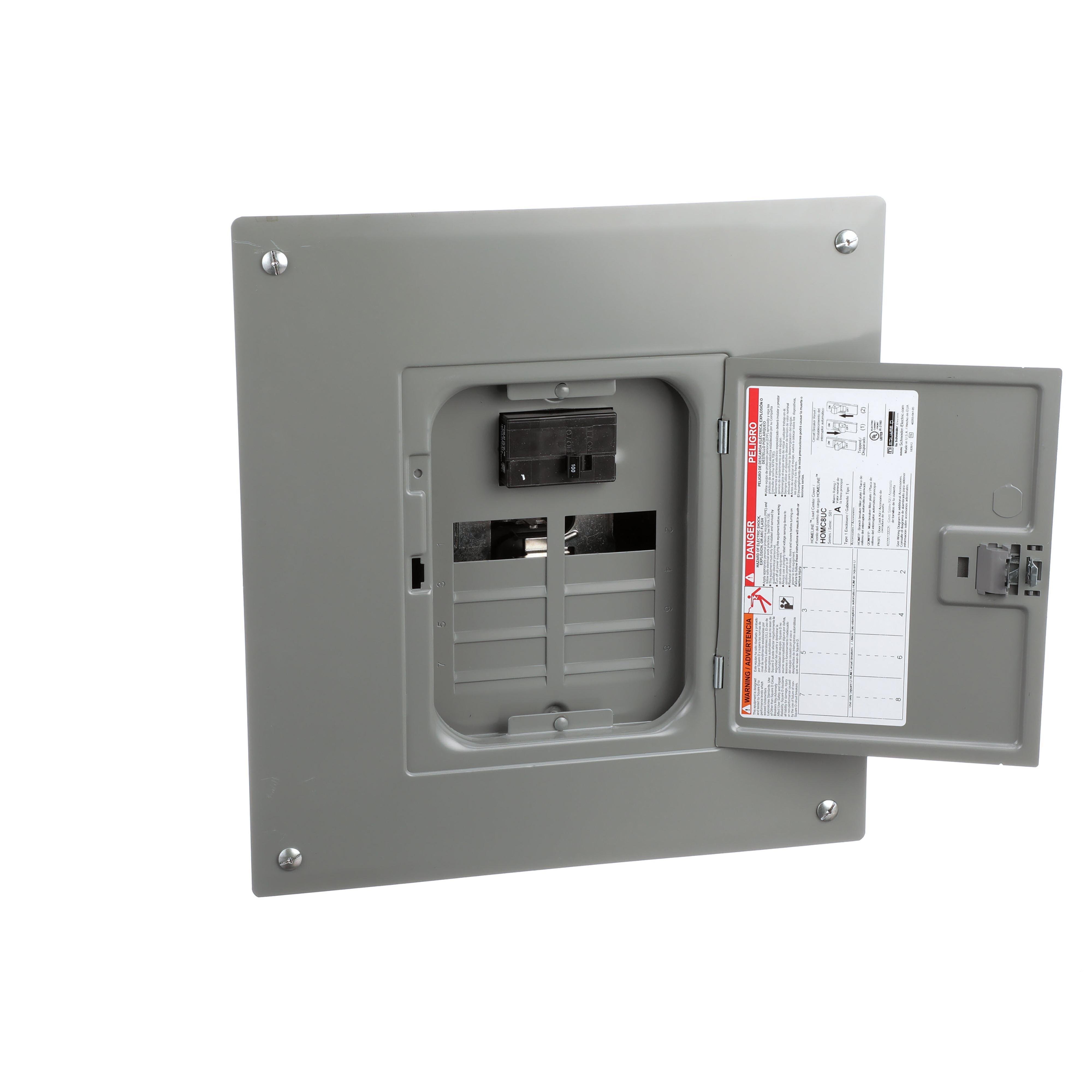 HOM816M100PC - Load center, Homeline, 1 phase, 8 spaces, 16 circuits, 100A convertible main breaker, PoN, NEMA1, combo cover