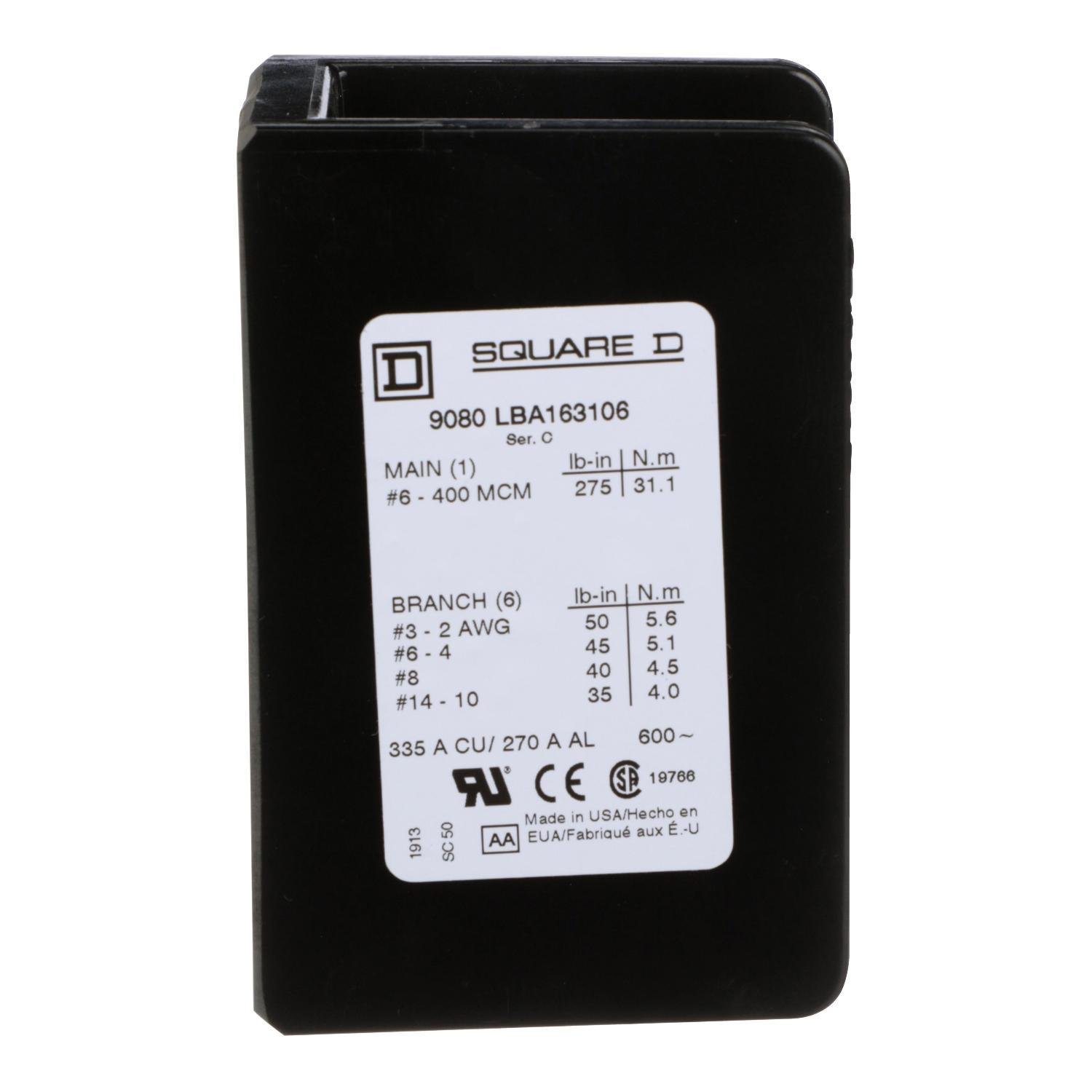 Picture of 9080LBA163106 - Power distribution block, Linergy, 1 pole, 1 line, 6 load, 335A Cu, 270A Al, 600V