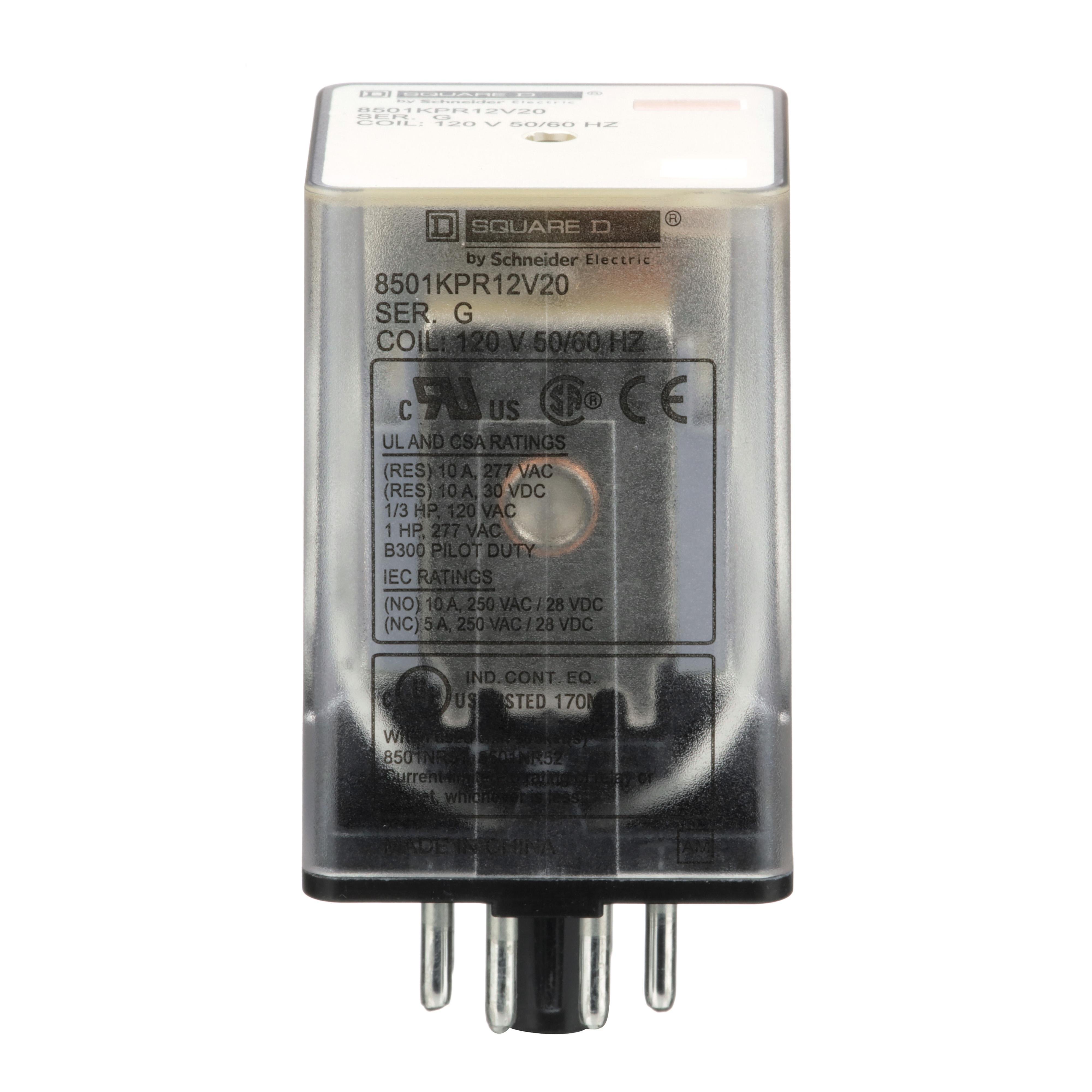 8501KPR12V20 - Plug in relay, Type KP, tubular, 1 HP at 277 VAC, 10A resistive at 120 VAC, 8 pin, DPDT, 2 NO, 2 NC, 120 VAC coil