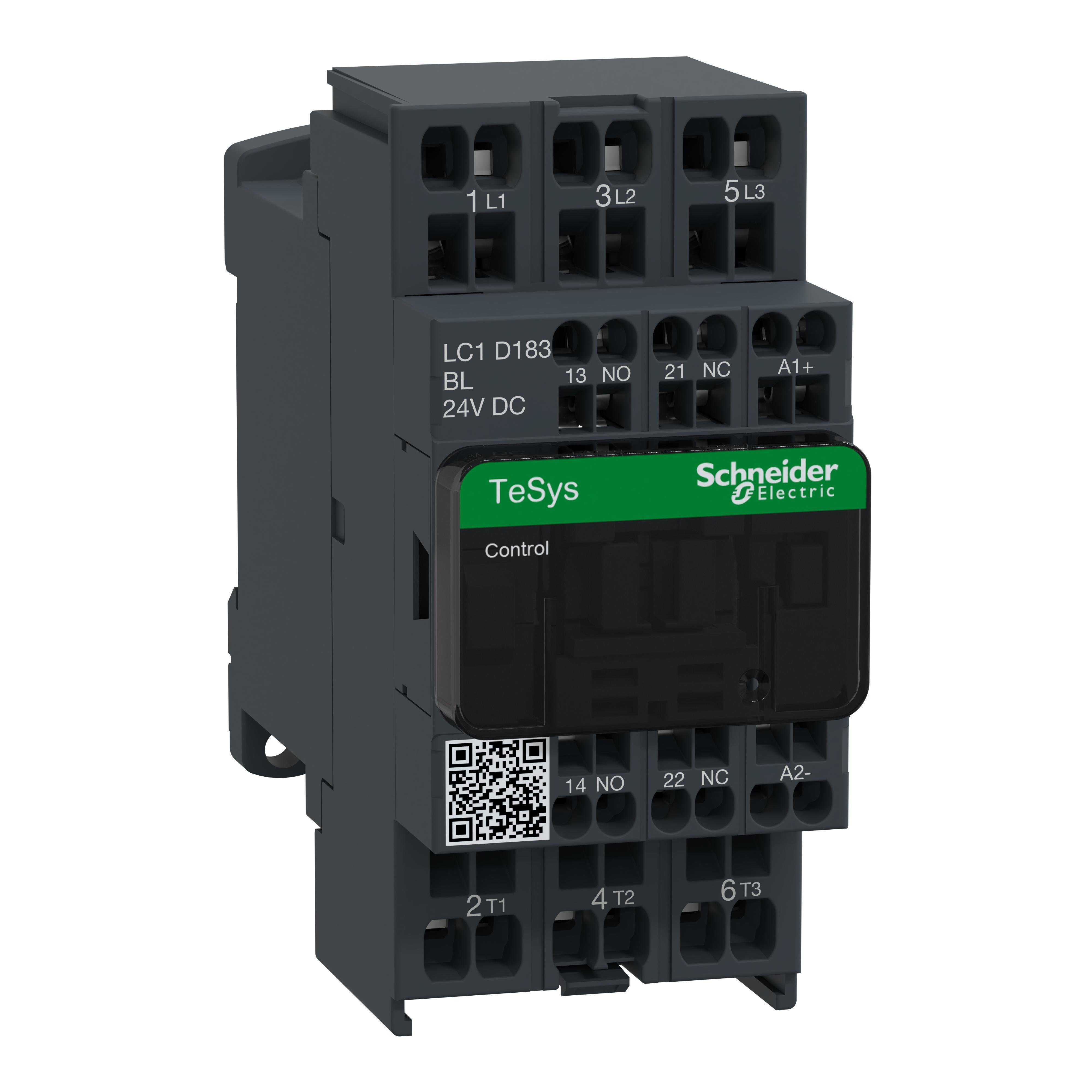 Picture of LC1D183BL - IEC contactor, TeSys Deca, nonreversing, 18A, 10HP at 480VAC, 3 phase, 3 pole, 3 NO, low consumption 24VDC coil, open style