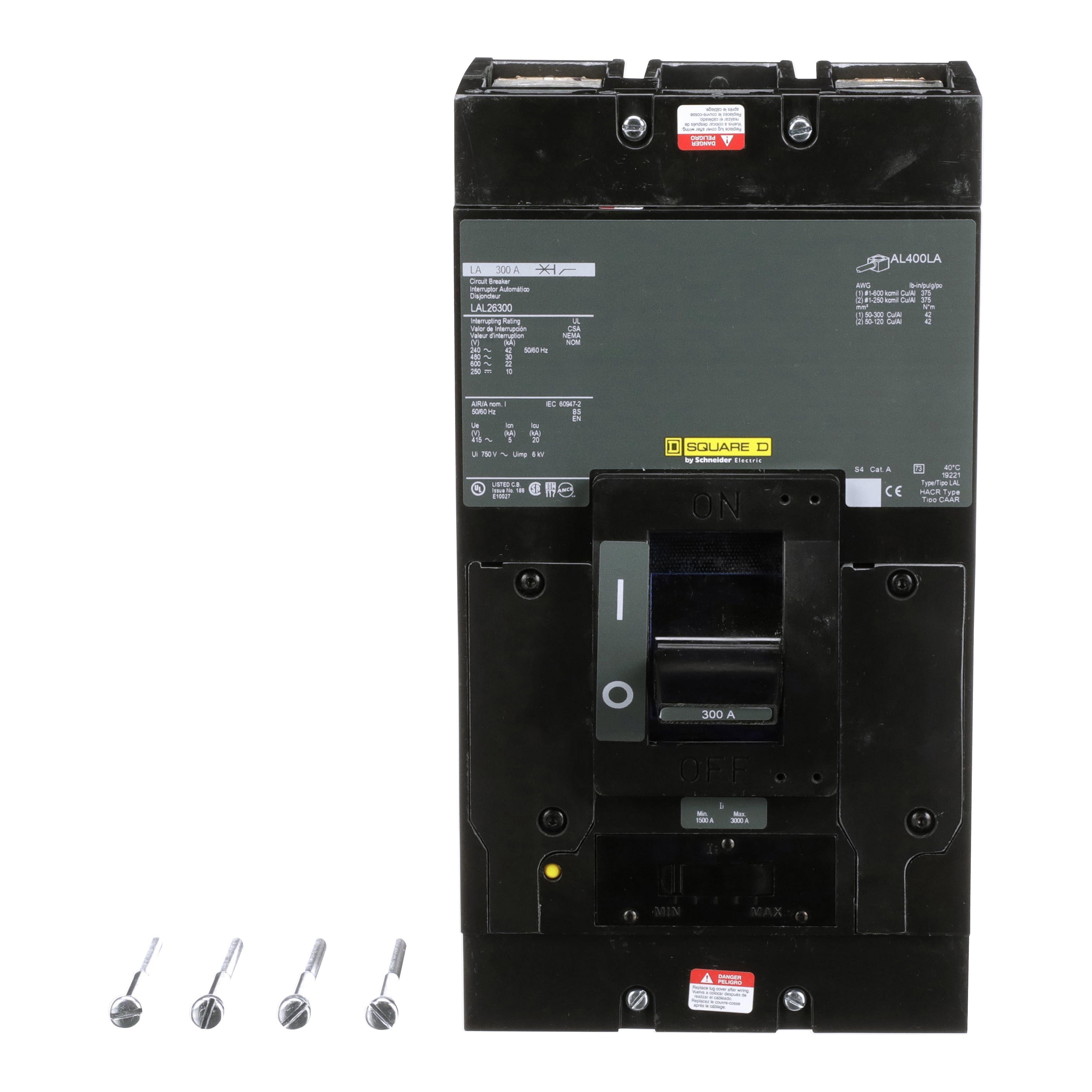Picture of LAL26300 - Circuit breaker, LA, 300A, 2 pole, 600VAC, 22kA, 250VDC, 10kA, lugs, thermal magnetic