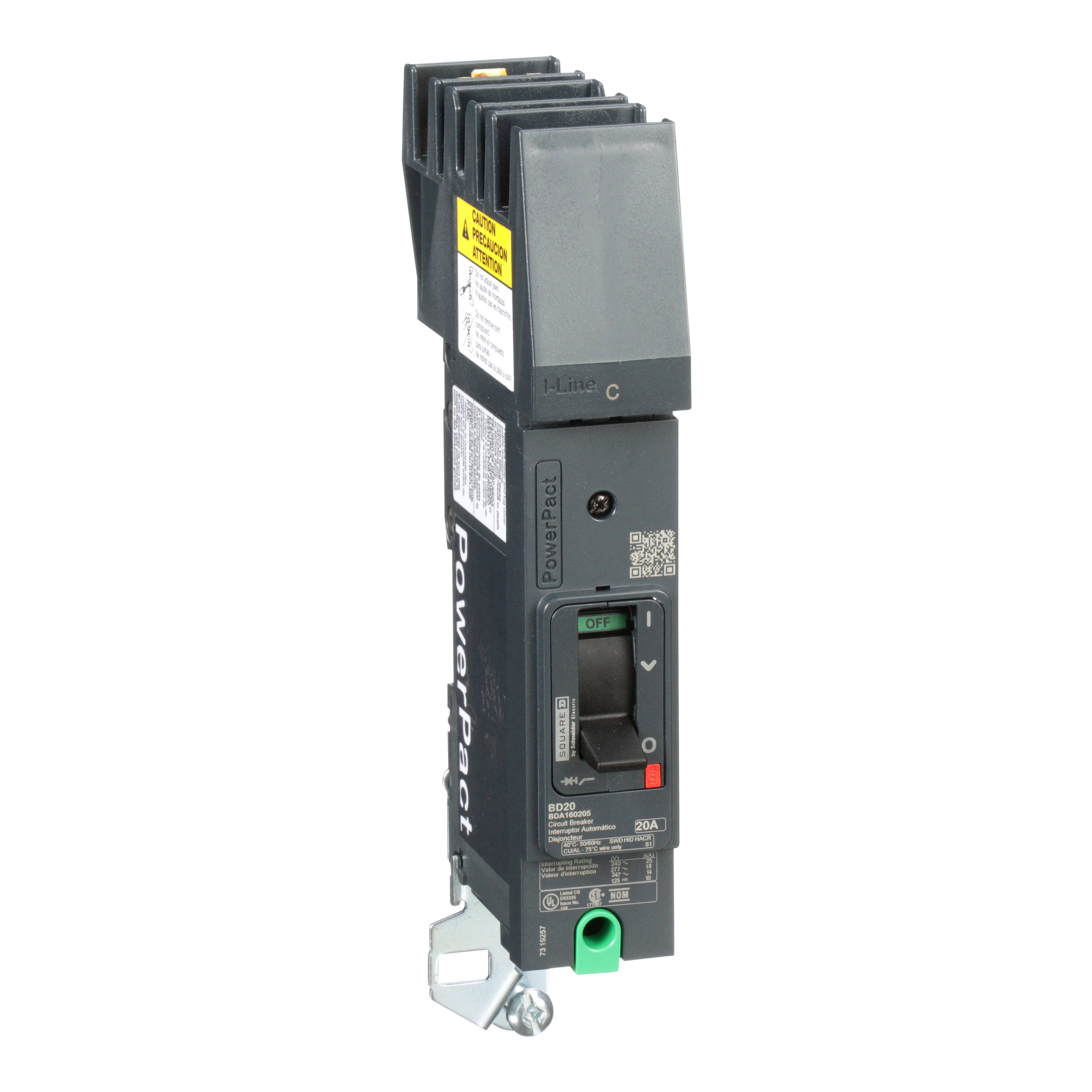 BDA160205 - Circuit breaker, PowerPacT B, 20A, 1 pole, 600Y/347VAC, 14kA, I-Line, thermal magnetic, 80%, C