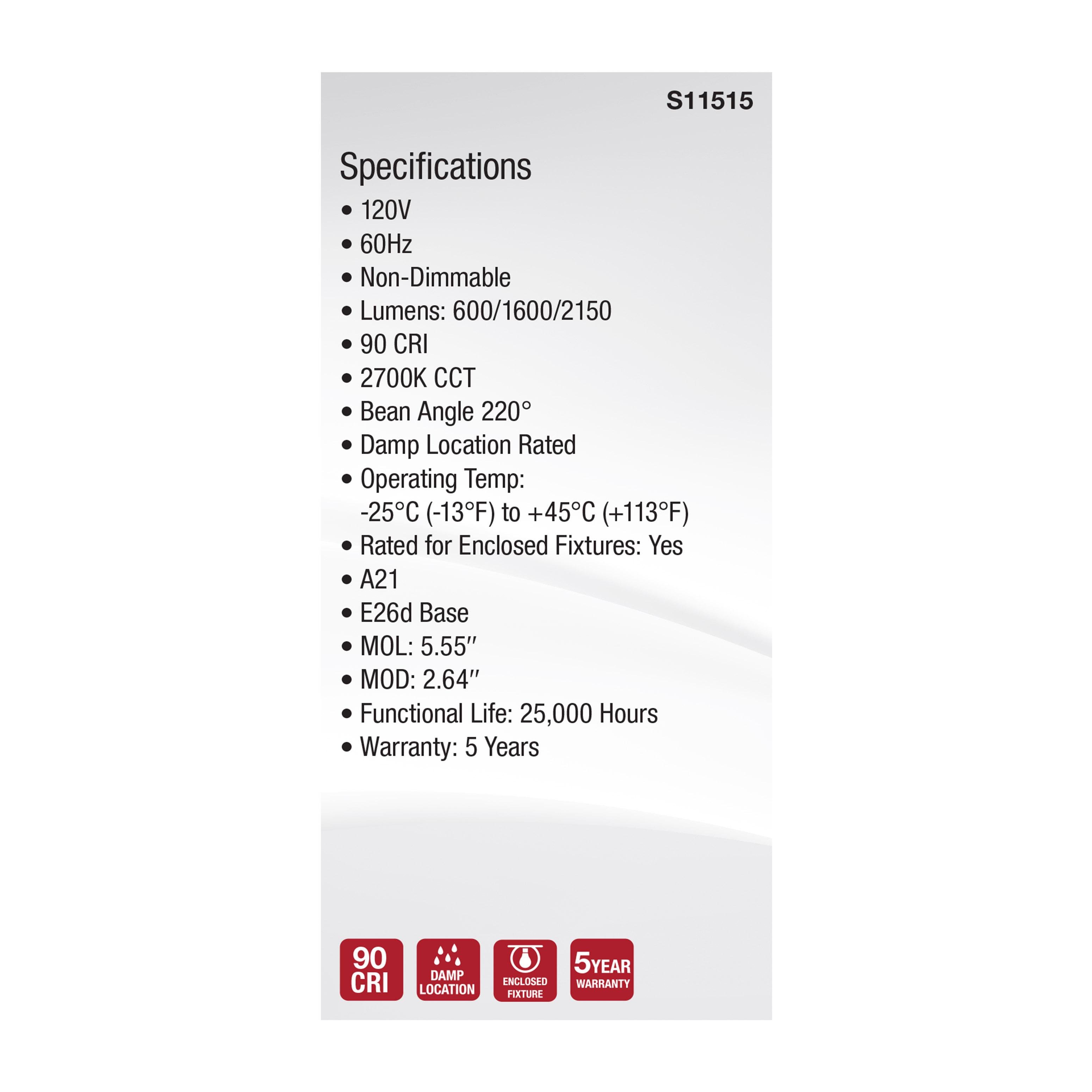 Picture of S11515 - 5/14/20 Wattage Selectable A21 LED - 3-Way Lamp - White Finish - 2700K CCT - Medium Double Contact Base - 120 Volt