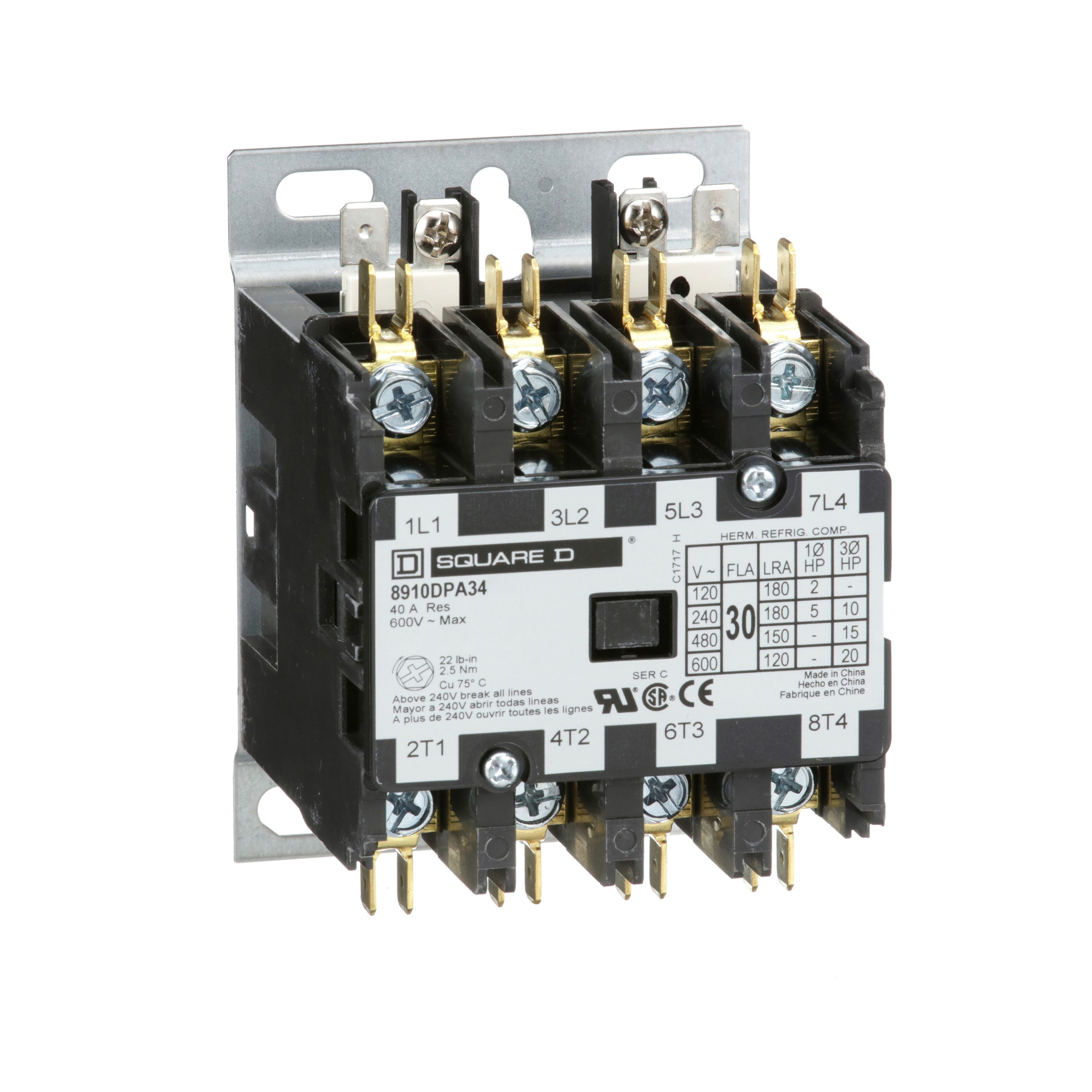 Picture of 8910DPA34V14 - Contactor, Definite Purpose, 30A, 4 pole, 20HP at 575VAC, 3 phase, 24/24VAC 50/60Hz coil, open