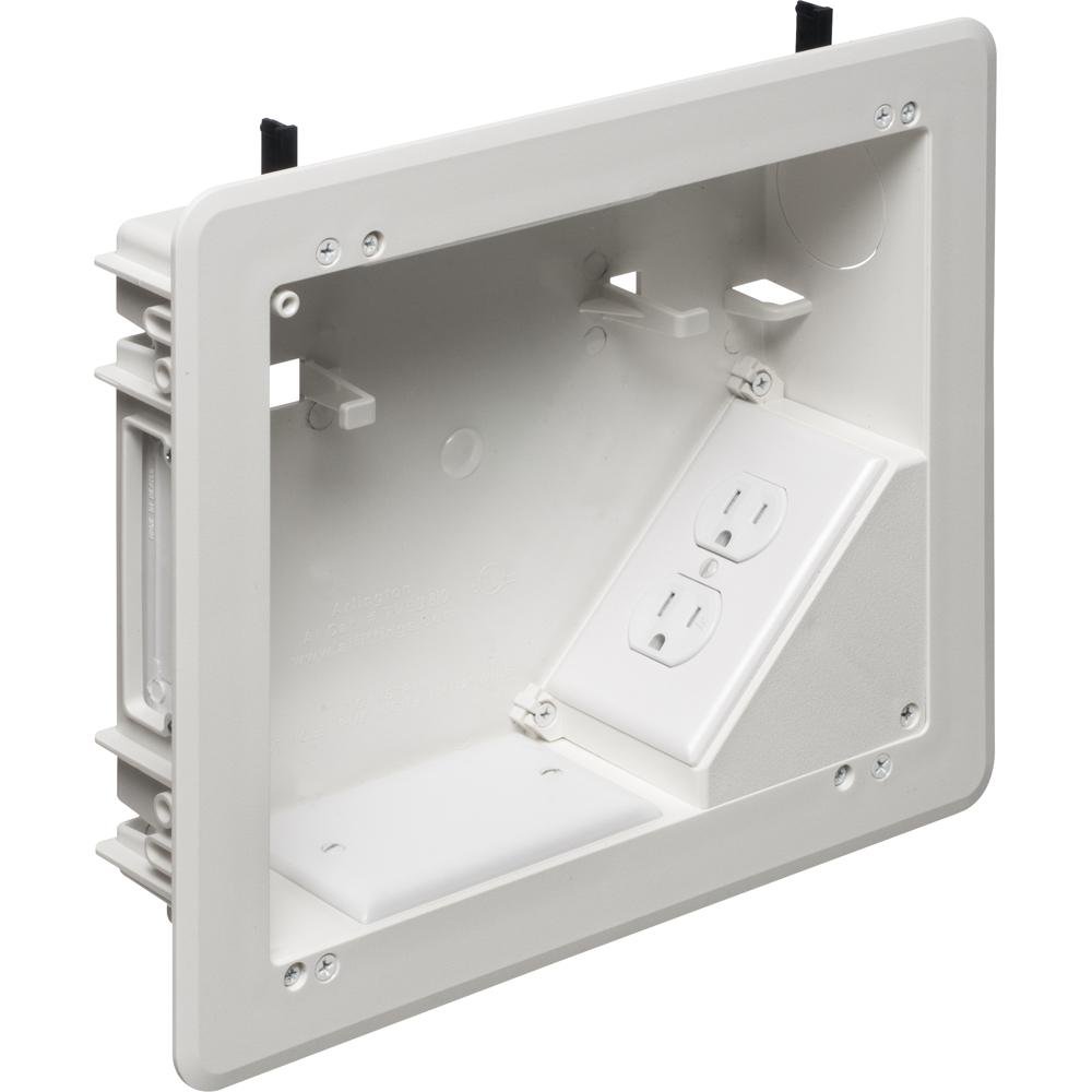 TVBU810 - 8 x 10 Plastic TV BOX BRIDGE kit. Includes line voltage box, duplex receptacle. 1-1/2" knockout, cable entry device, wire management brackets. For new and old construction.