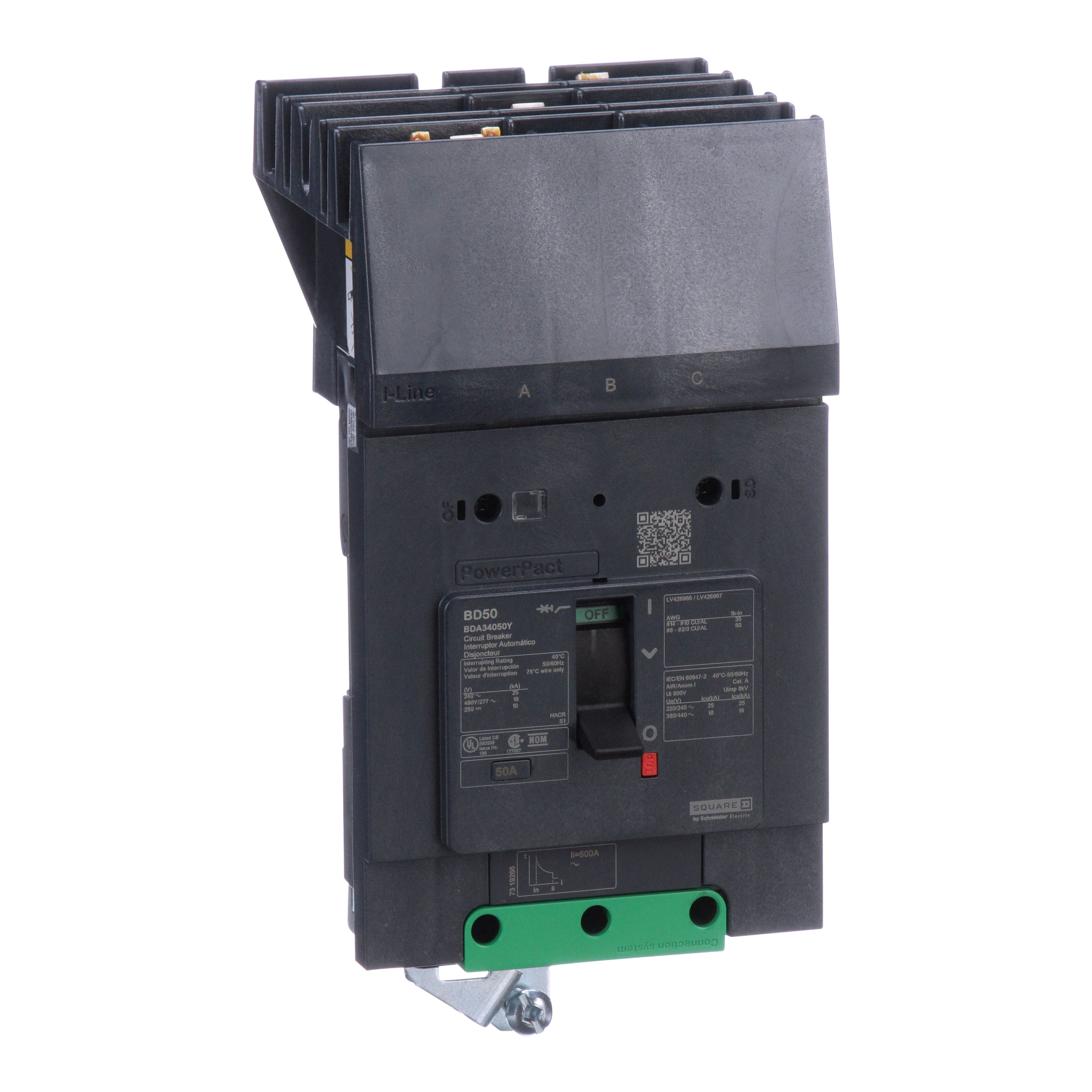 BDA34050Y - Circuit breaker, PowerPacT B, 50A, 3 pole, 480Y/277VAC, 18kA, I-Line, thermal magnetic, 80%, ABC