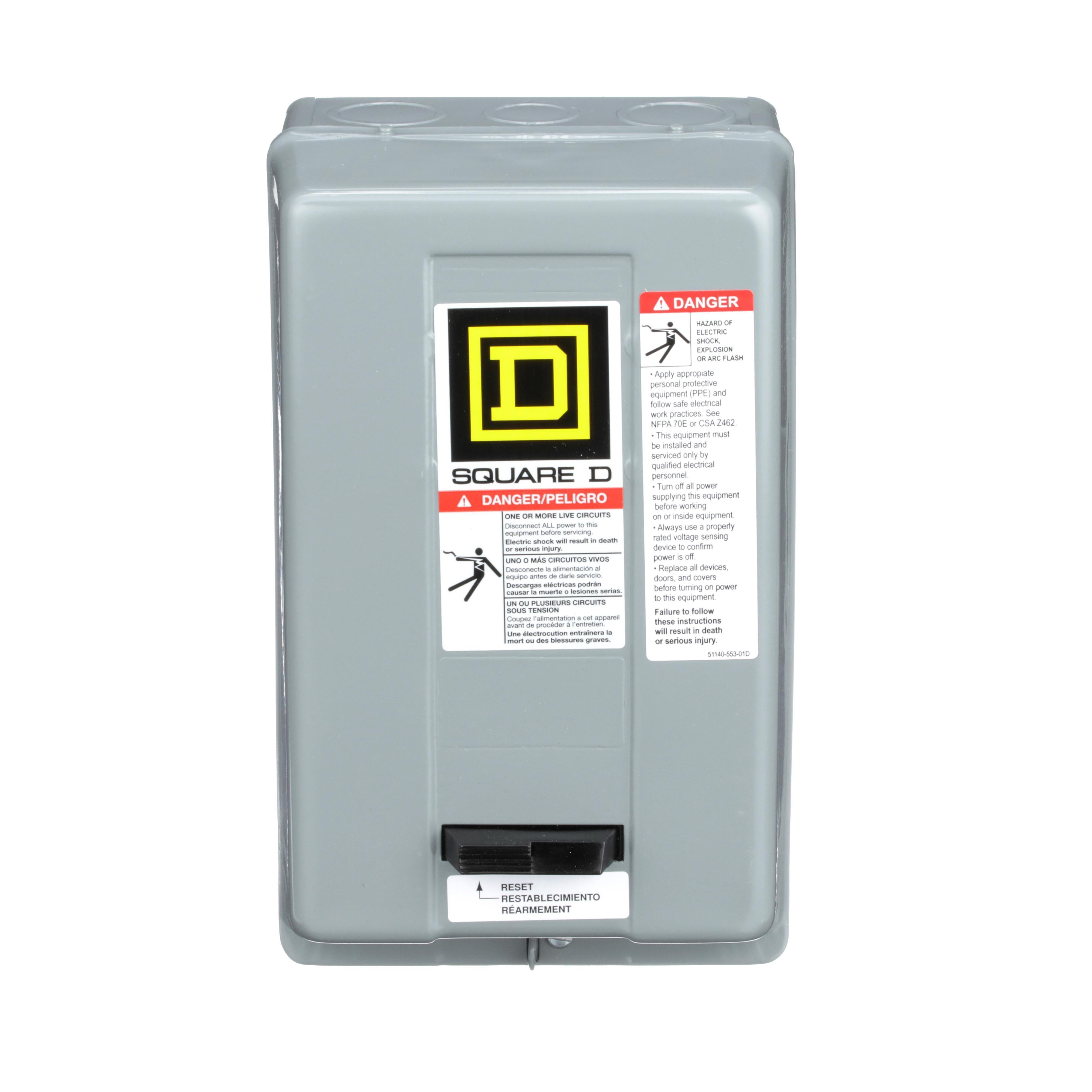 Picture of 8536SCG3V02S - NEMA motor starter, Type S, nonreversing, Size 1, 27A, 10HP at 460VAC, 5kA SCCR, 3 phase, 3 pole, melting alloy, 120VAC coil, NEMA 1