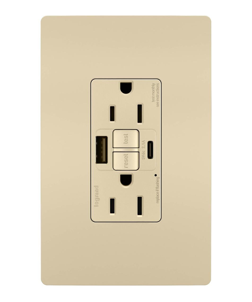 Picture of 1597TRUSBACI - radiant® Tamper-Resistant 15A Duplex Self-Test GFCI Receptacles with SafeLock® Protection, USB Type A/C, Ivory