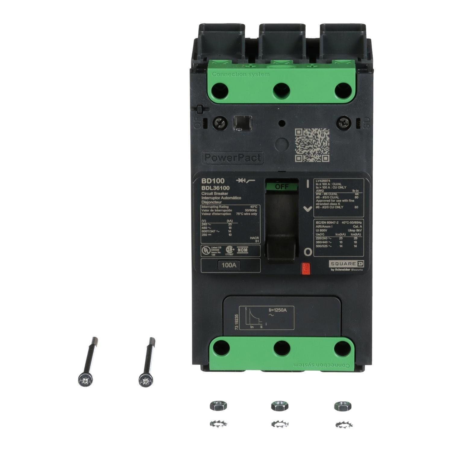 BDL36100 - Circuit breaker, PowerPacT B, 100A, 3 pole, 600Y/347VAC, 14kA, lugs, thermal magnetic, 80%