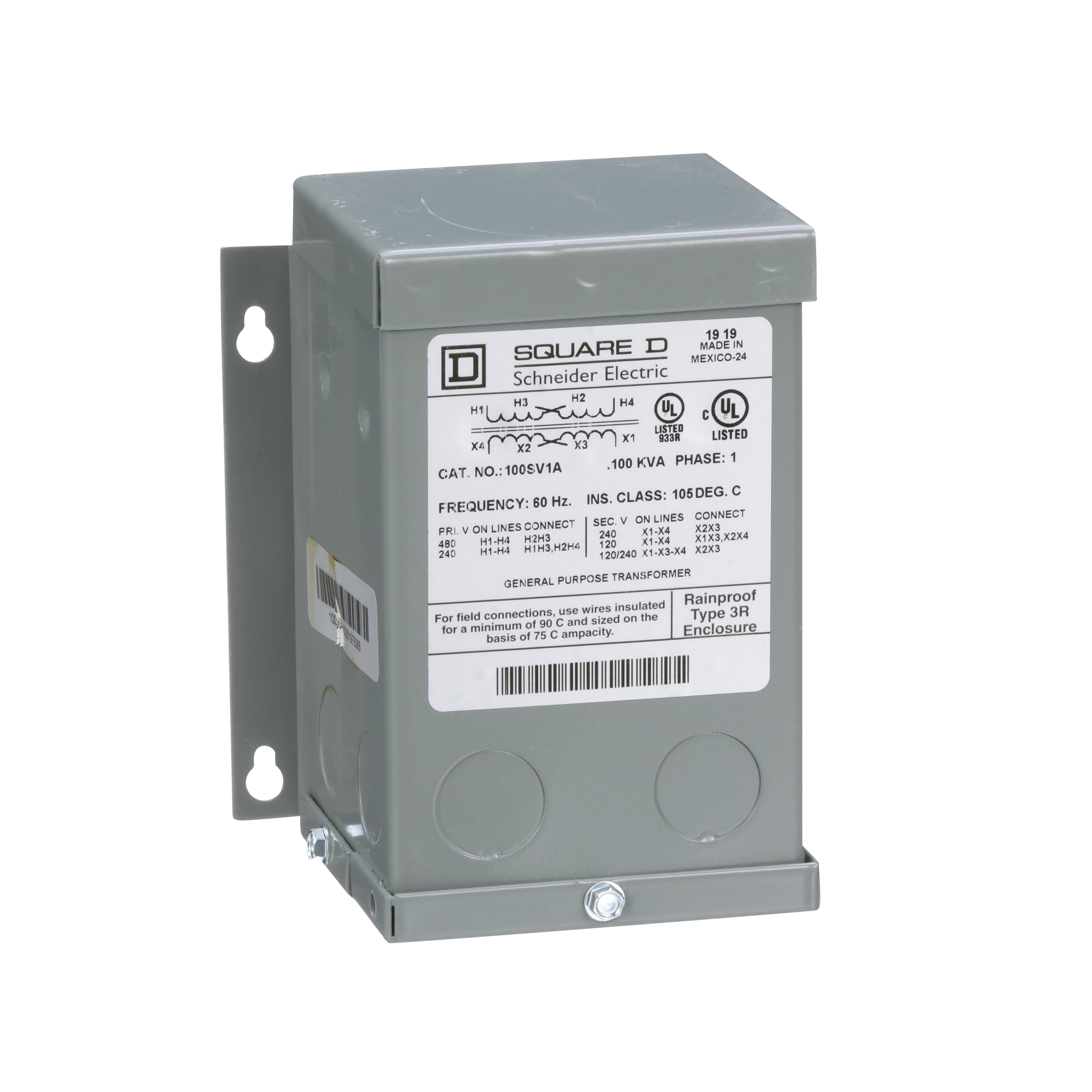 100SV1A - Transformer, dry type, encapsulated, 0.1kVA, 1 phase, 240x480V primary, 120/240V secondary, 2A, 55C rise [TAA]