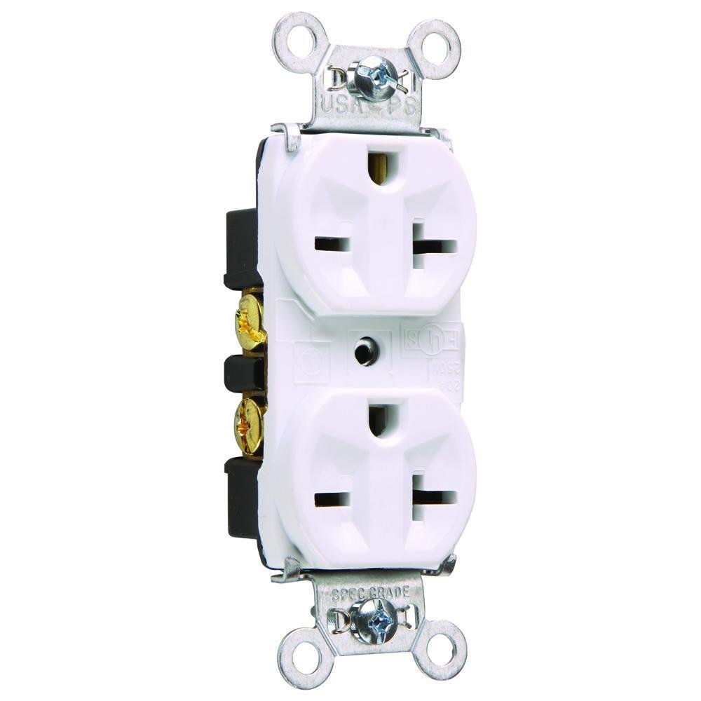 5862-W - 20A 250V Heavy Duty Spec-Grade Duplex Receptacle, Back and Side Wire, White