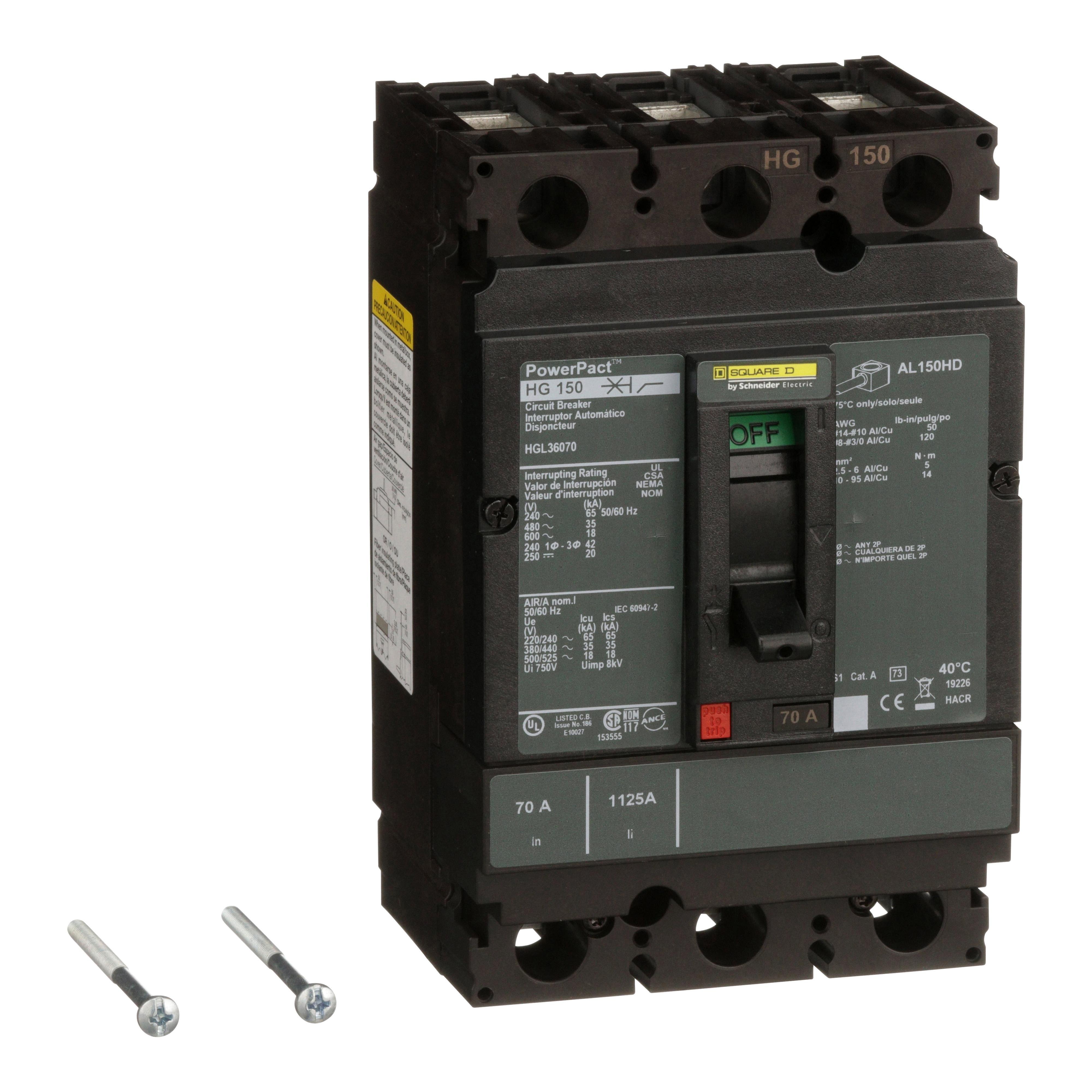 HGL36070 - Circuit breaker, PowerPacT H, 70A, 3 pole, 600VAC, 18kA, lugs, thermal magnetic, 80%