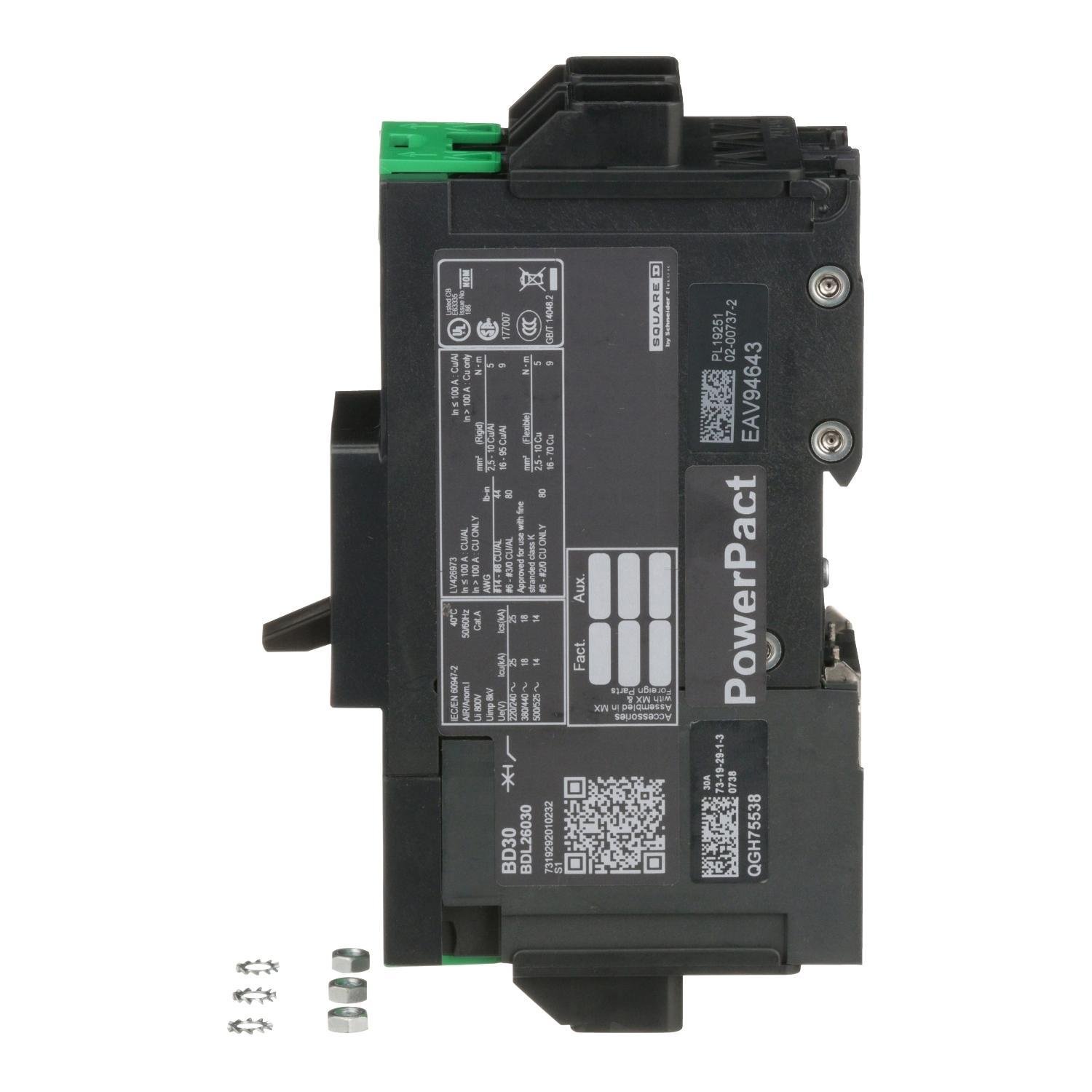 Picture of BDL26030 - Circuit breaker, PowerPacT B, 30A, 2 pole, 600Y/347VAC, 14kA, lugs, thermal magnetic, 80%