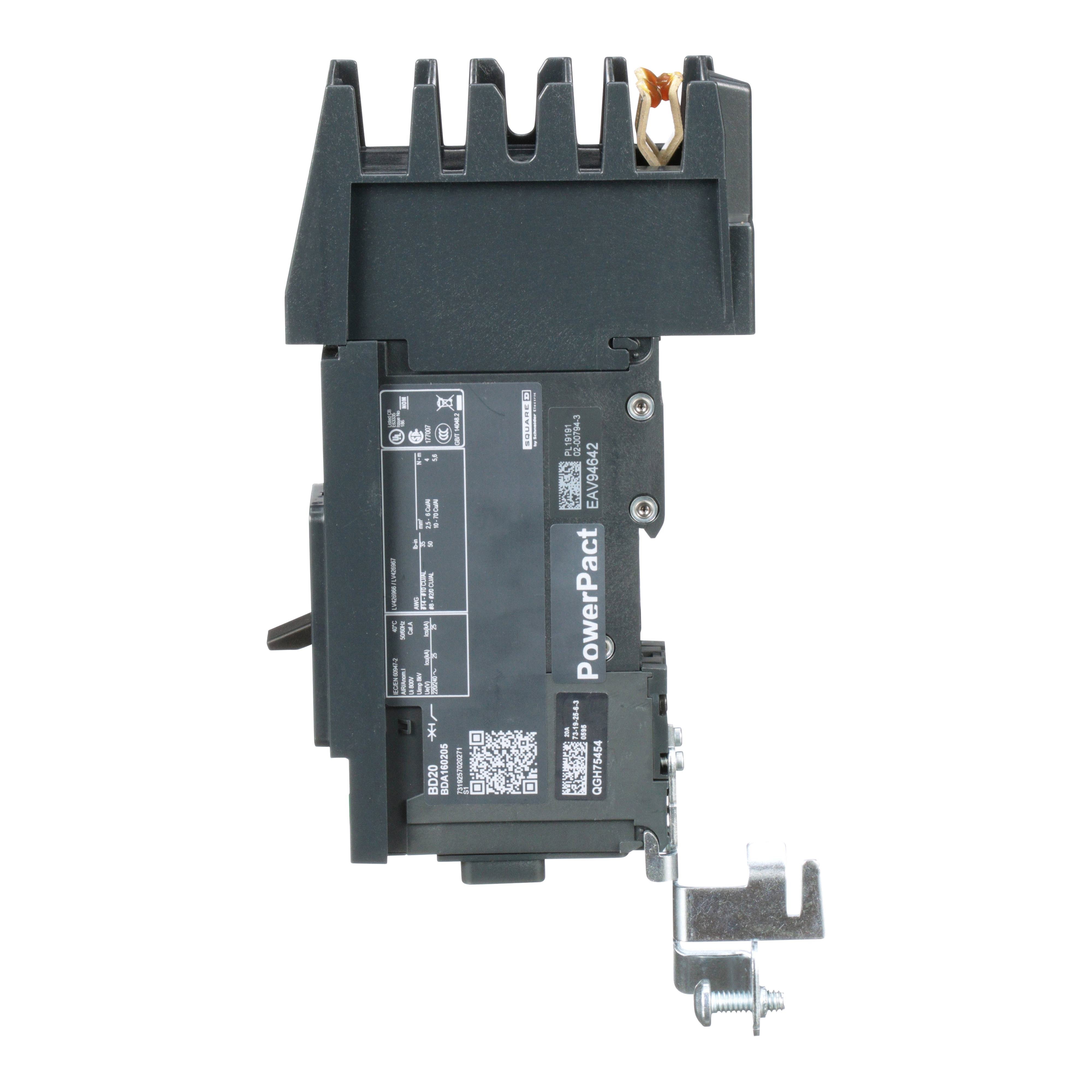 Picture of BDA160205 - Circuit breaker, PowerPacT B, 20A, 1 pole, 600Y/347VAC, 14kA, I-Line, thermal magnetic, 80%, C