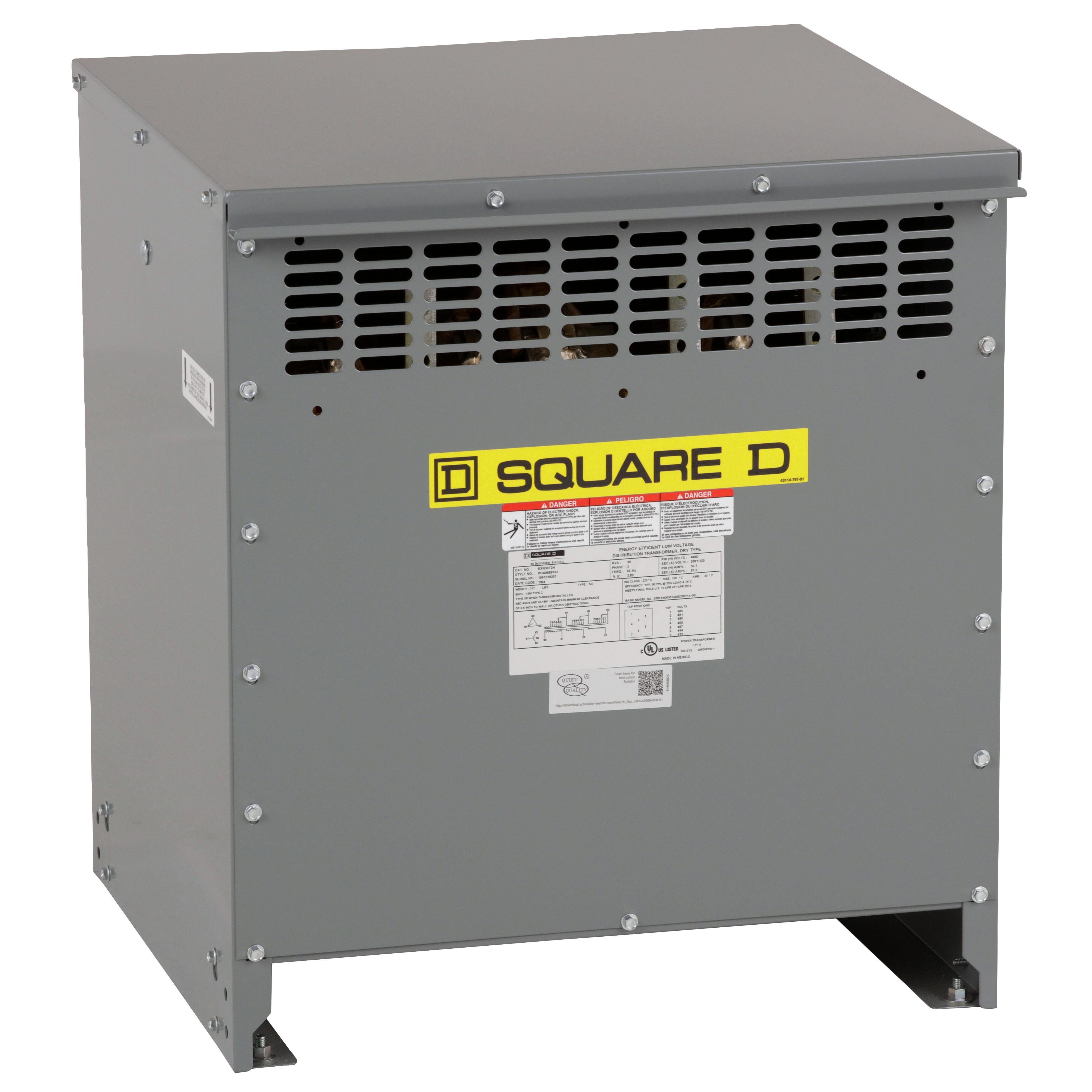 EXN30T3H - Transformer, dry type, DOE 2016, 30kVA, 3 phase, 480V delta primary, 208Y/120V secondary, 18M, 150C rise