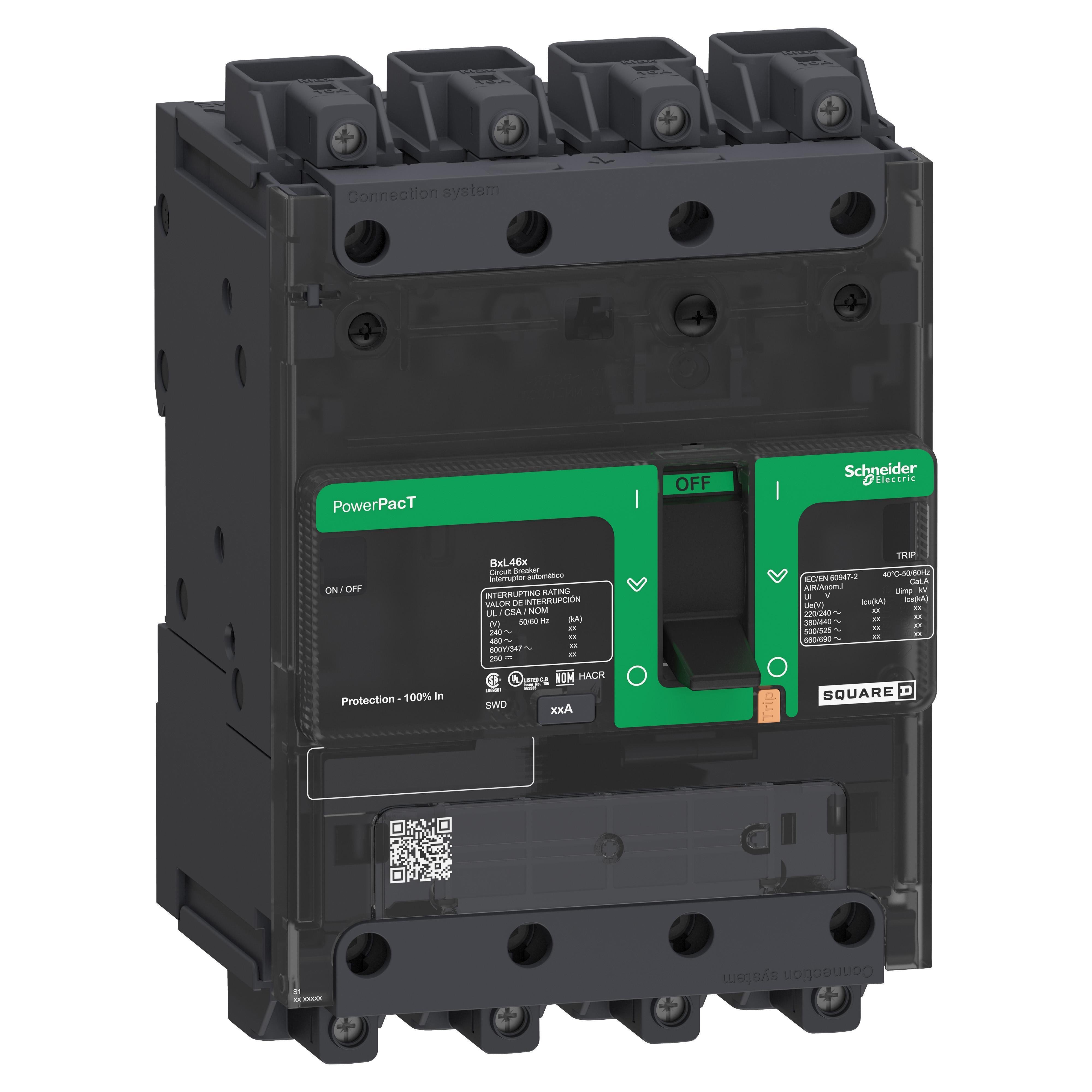 Picture of BDL46030 - Circuit breaker, PowerPacT B, 30A, 4 pole, 600Y/347VAC, 14kA, lugs, thermal magnetic, 80%