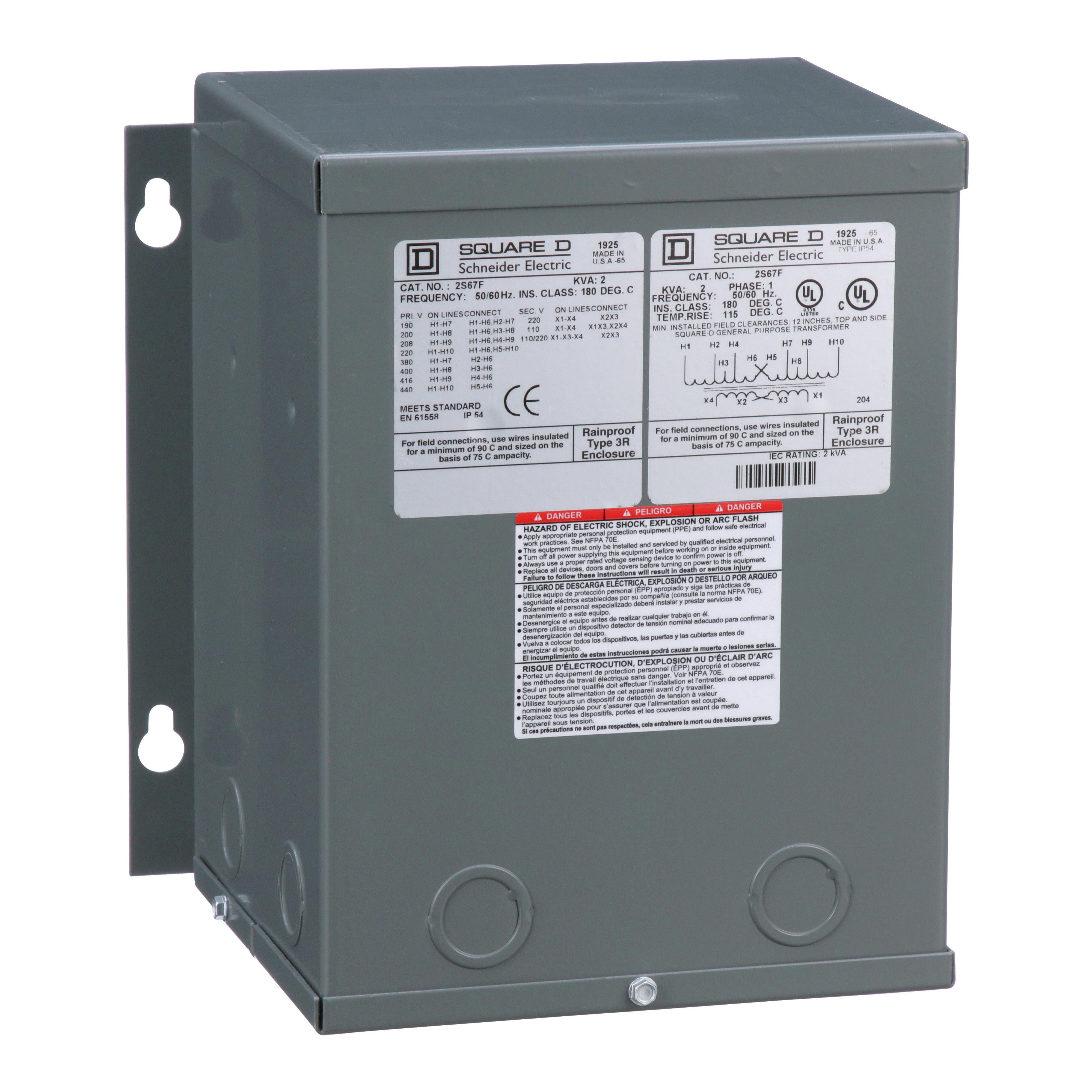 2S67F - Transformer, dry type, encapsulated, 2kVA, 1 phase, multiple voltages, 9A, 115C rise [TAA]