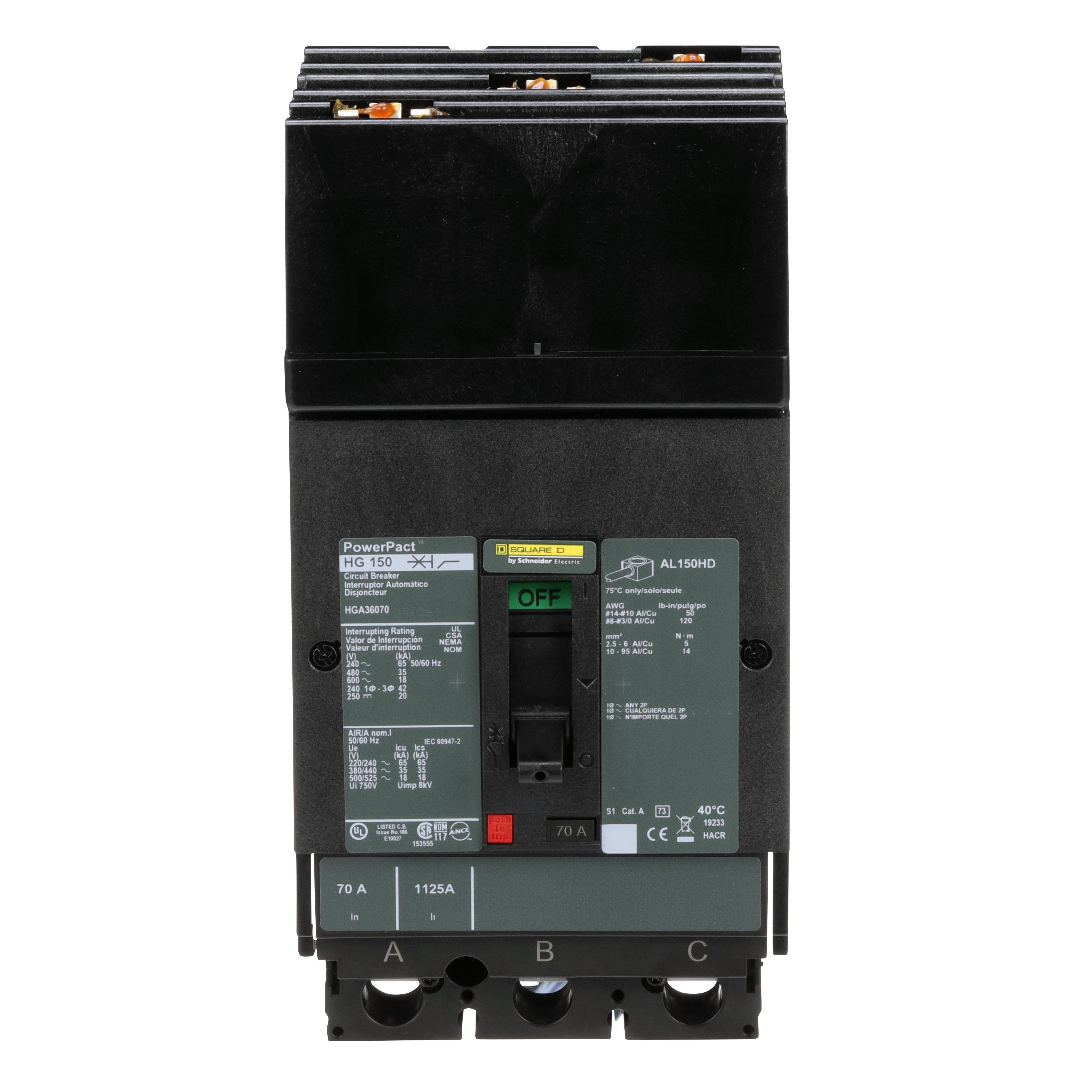 Picture of HGA36070 - Circuit breaker, PowerPacT H, 70A, 3 pole, 600VAC, 18kA, I-Line, thermal magnetic, 80%, ABC