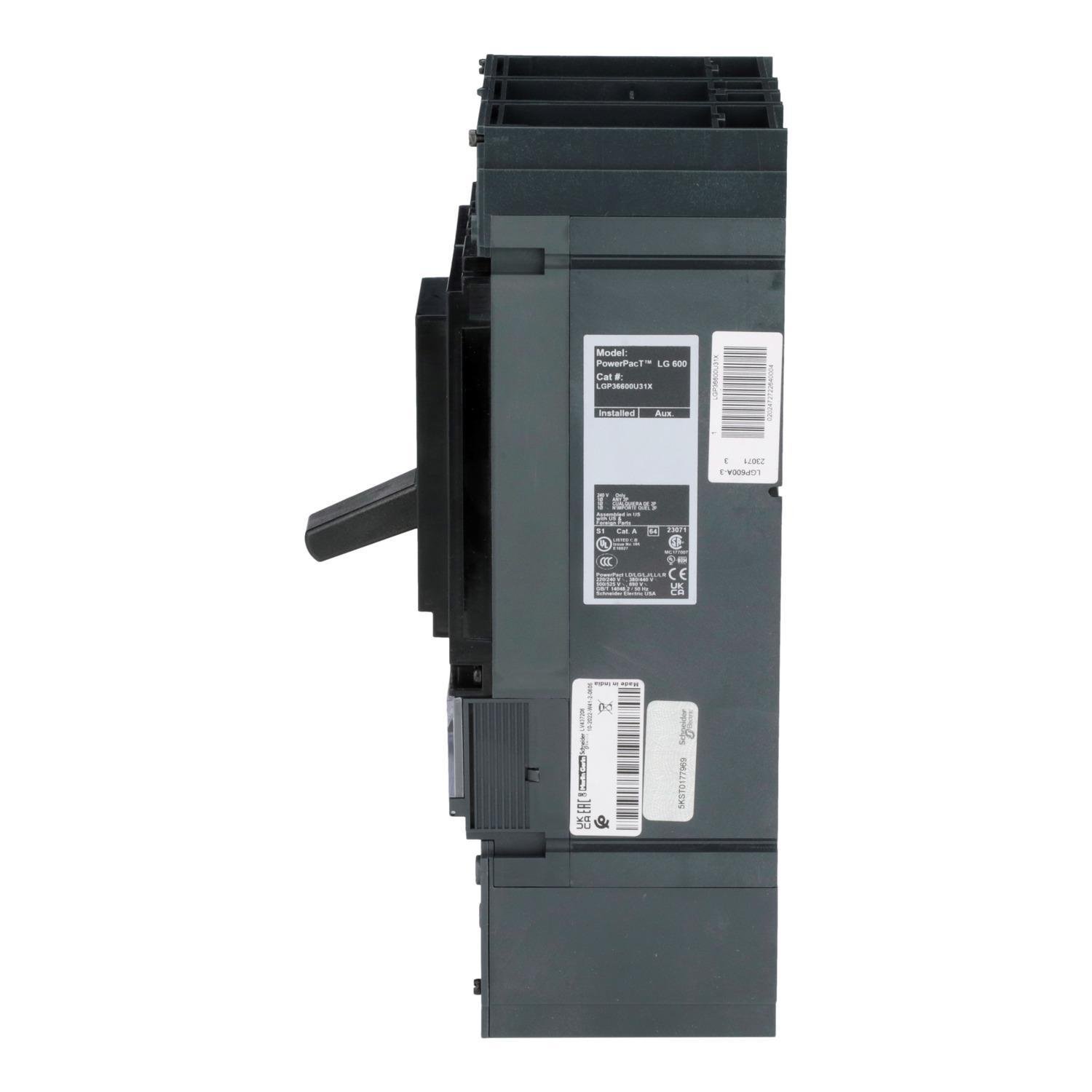 Picture of LGP36600U31X - Circuit breaker, PowerPacT L, 600A, 3 pole, 600VAC, 18kA, lugs, MicroLogic 3.3, 80%