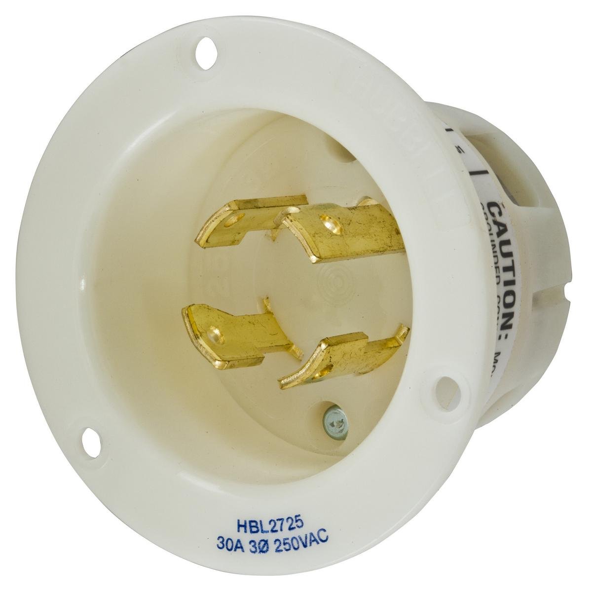 HBL2725 - Locking Devices, Twist-Lock®, Industrial, Flanged Inlet, 30A 3-Phase Delta 250V AC, 3-Pole 4-Wire Grounding, L15- 30P, Screw Terminal, White