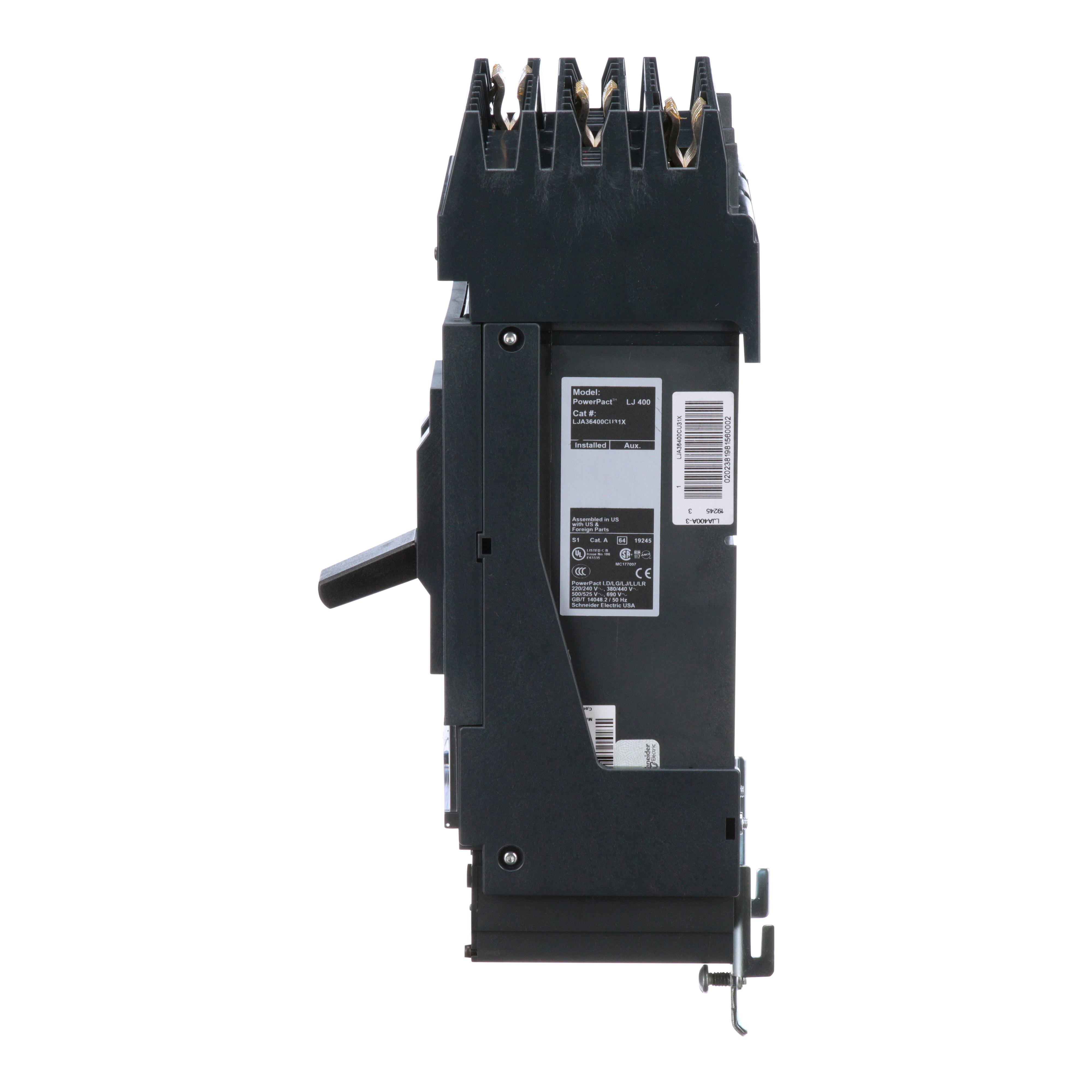 Picture of LJA36400CU31X - Circuit breaker, PowerPacT L, 400A, 3 pole, 600VAC, 25kA, I-Line, MicroLogic 3.3, 100%, ABC