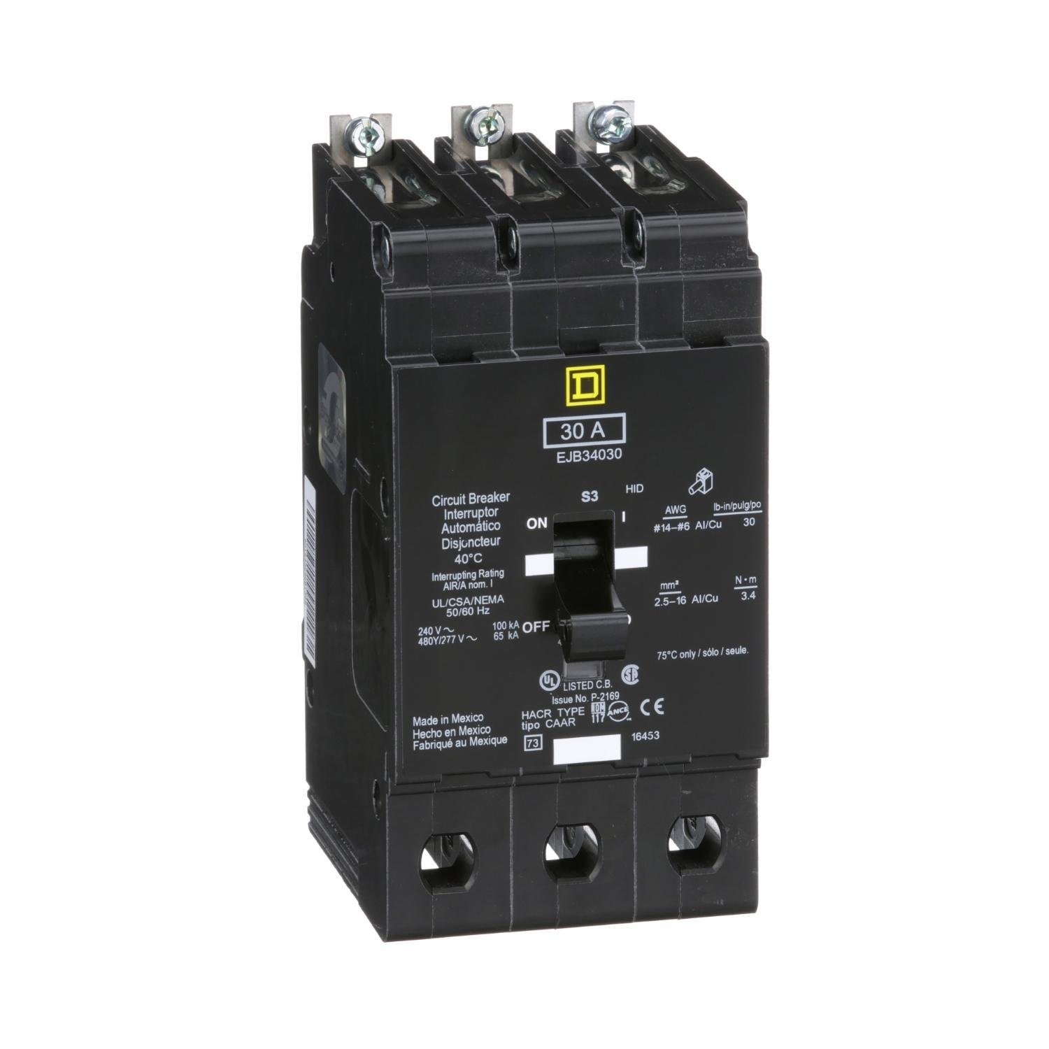 EJB34030 - [TAA] Mini circuit breaker, E-Frame, 30A, 3 pole, 480Y/277VAC, 100kA max, bolt on