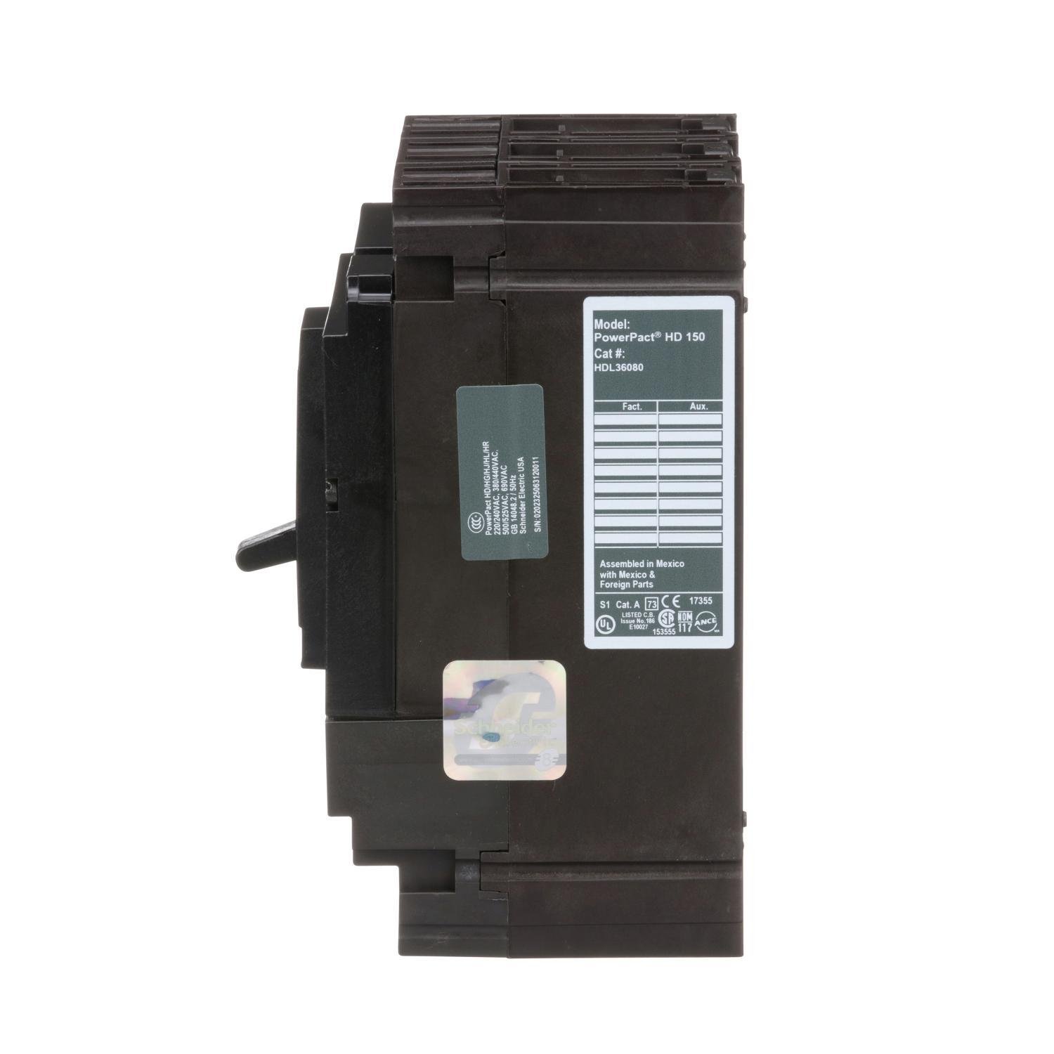 Picture of HDL36080 - Circuit breaker, PowerPacT H, 80A, 3 pole, 600VAC, 14kA, lugs, thermal magnetic, 80%
