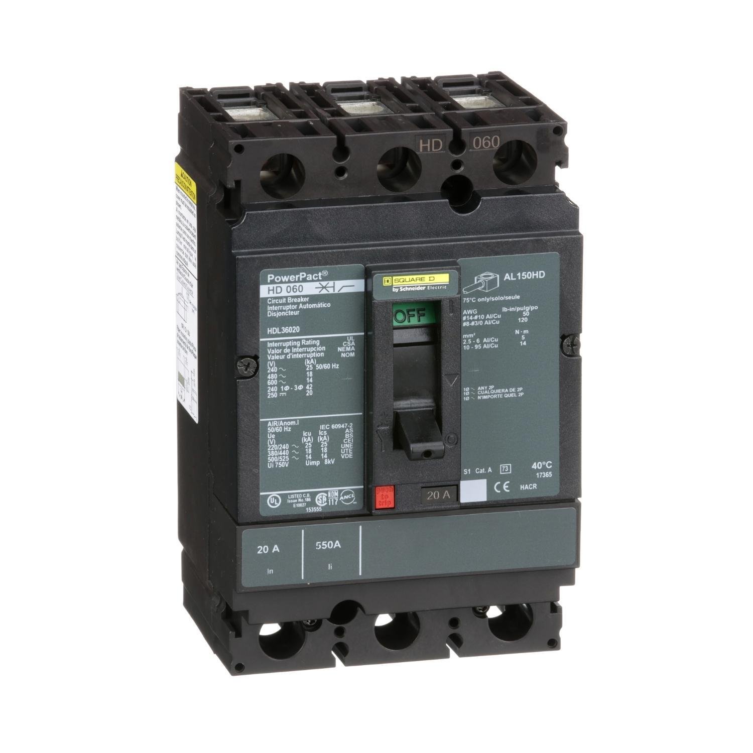Picture of HDL36020 - Circuit breaker, PowerPacT H, 20A, 3 pole, 600VAC, 14kA, lugs, thermal magnetic, 80%