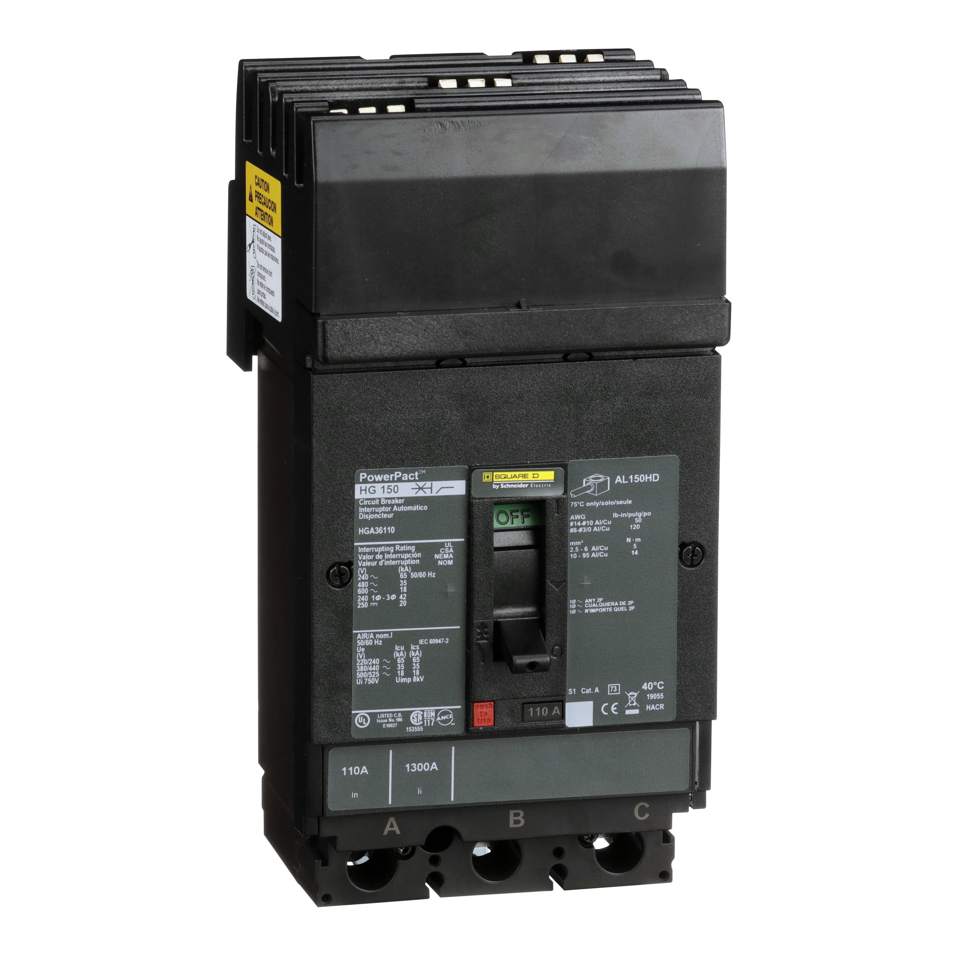 Picture of HGA36110 - Circuit breaker, PowerPacT H, 110A, 3 pole, 600VAC, 18kA, I-Line, thermal magnetic, 80%, ABC