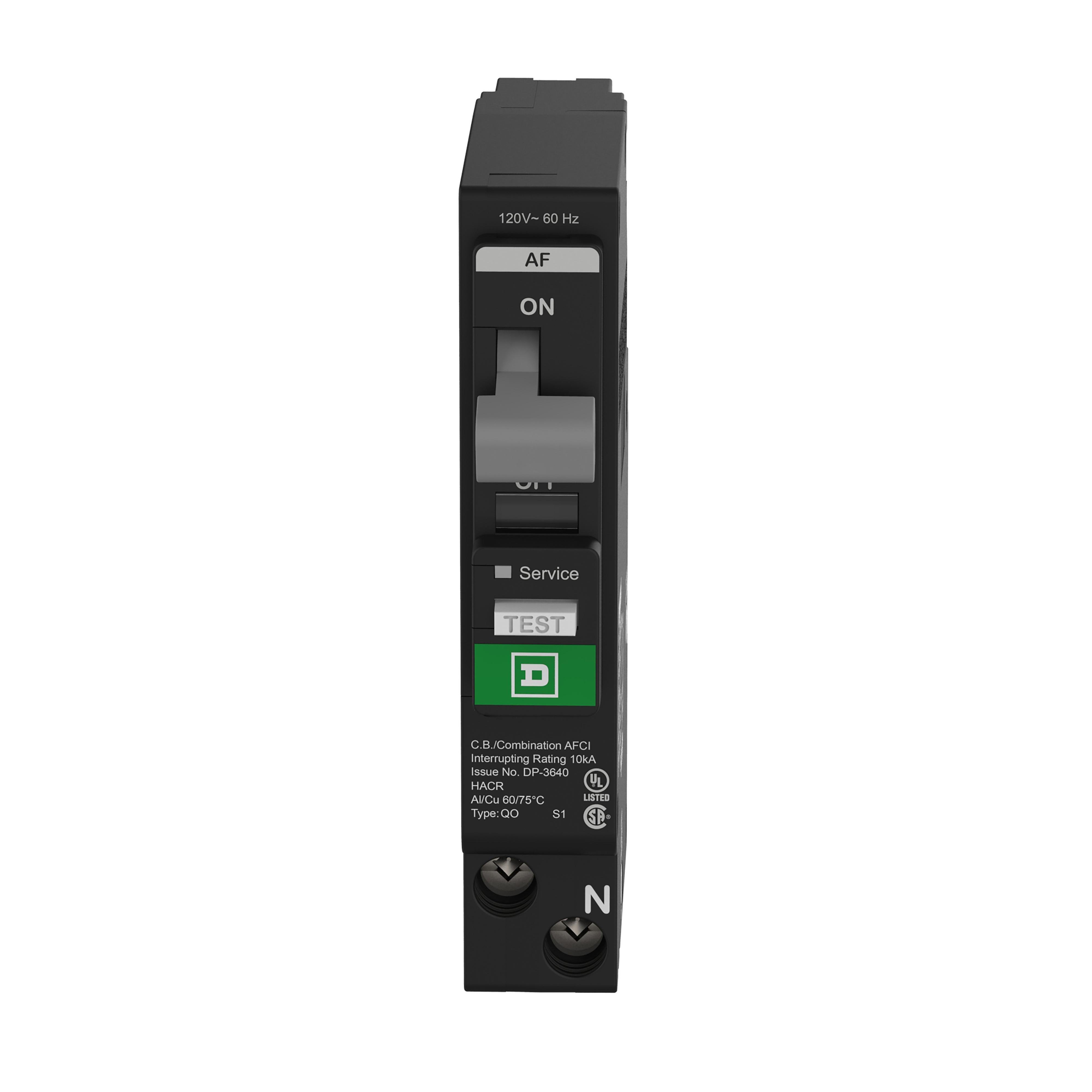 QO115PAF - Mini circuit breaker, QO, 15A, 1 pole, 120VAC, 10kA, combo arc fault, plug on neutral, plug in mount, UL listed