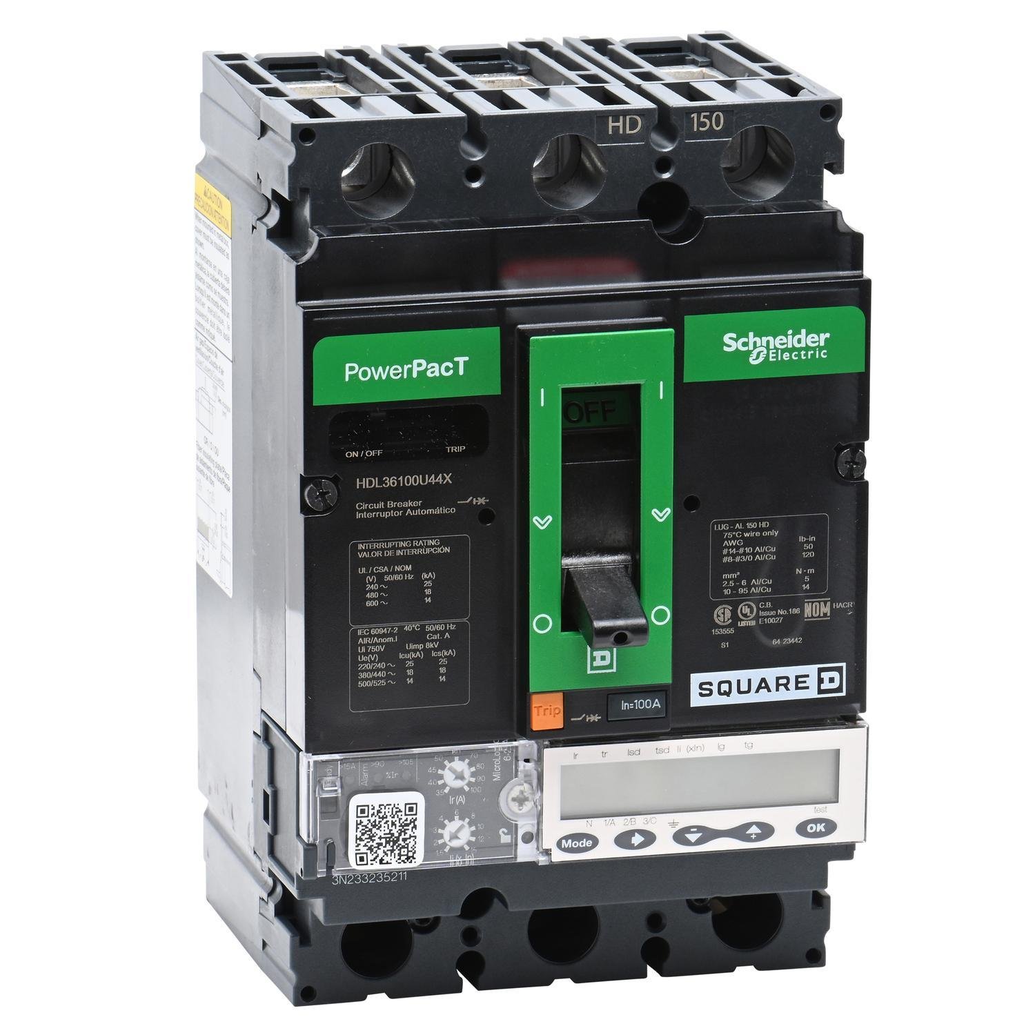Picture of HDL36100U44X - Circuit breaker, PowerPacT H, 100A, 3 pole, 600VAC, 14kA, lugs, Micrologic 6.2A, 80%