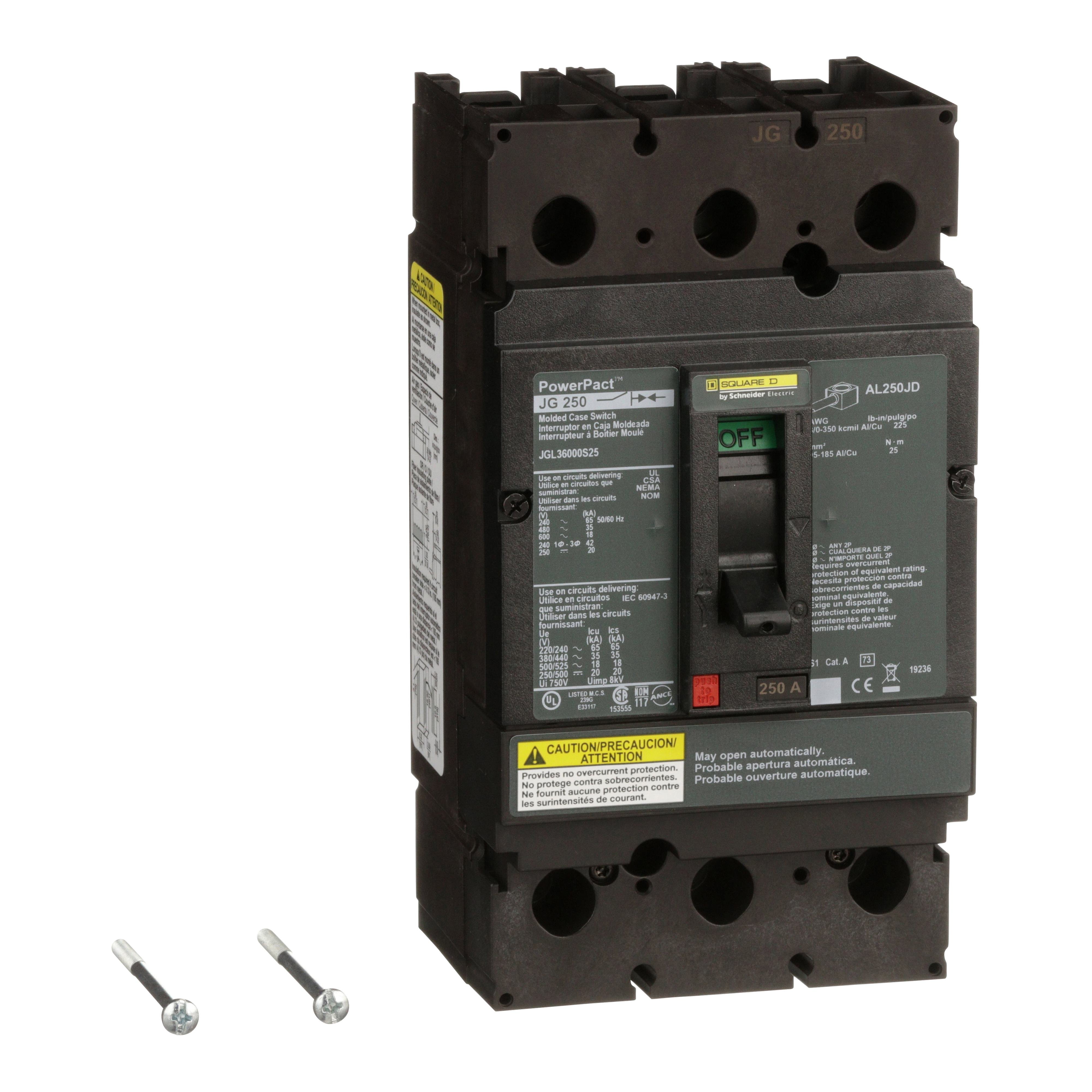 JGL36000S25 - Automatic switch, PowerPacT J, 250A, 3 pole, 600VAC, 18kA, lugs, magnetic