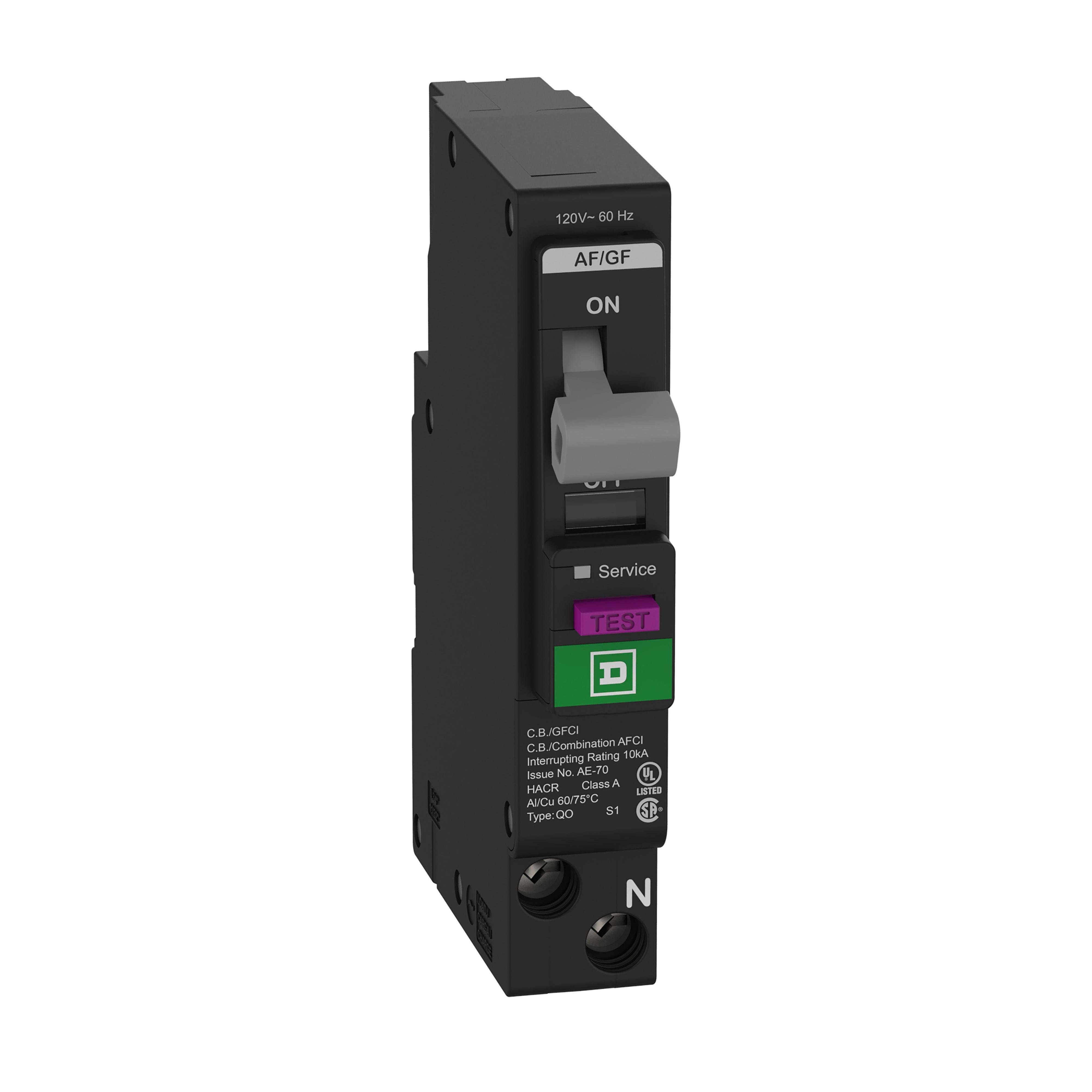 Picture of QO115PAFGF - [TAA] Mini circuit breaker, QO, 15A, 1 pole, 120VAC, 10kA, plug in, combo ARC fault, 6mA grd fault A, plug on neutral