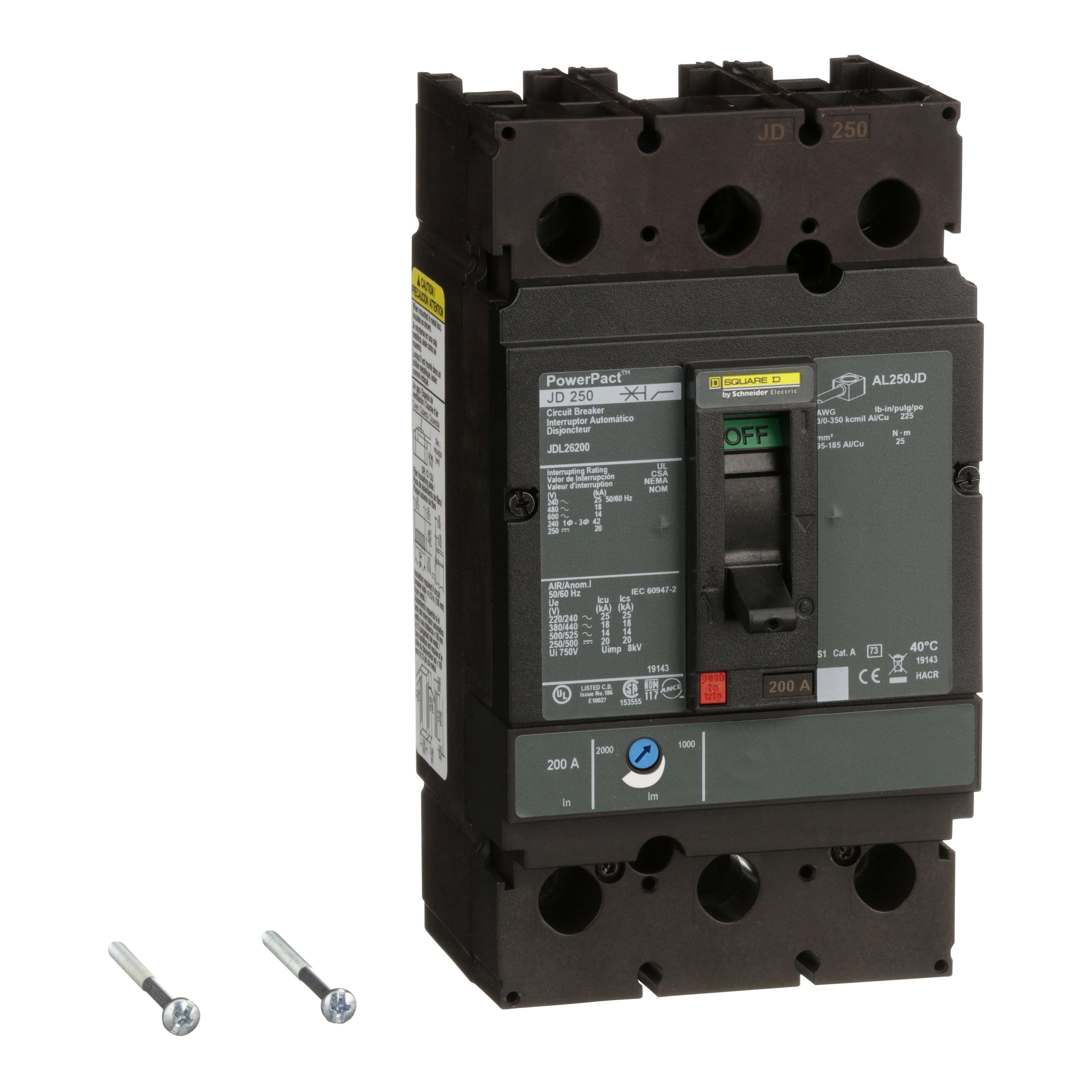 Picture of JDL26200 - Circuit breaker, PowerPacT J, 200A, 2 pole, 600VAC, 14kA, lugs, thermal magnetic, 80%