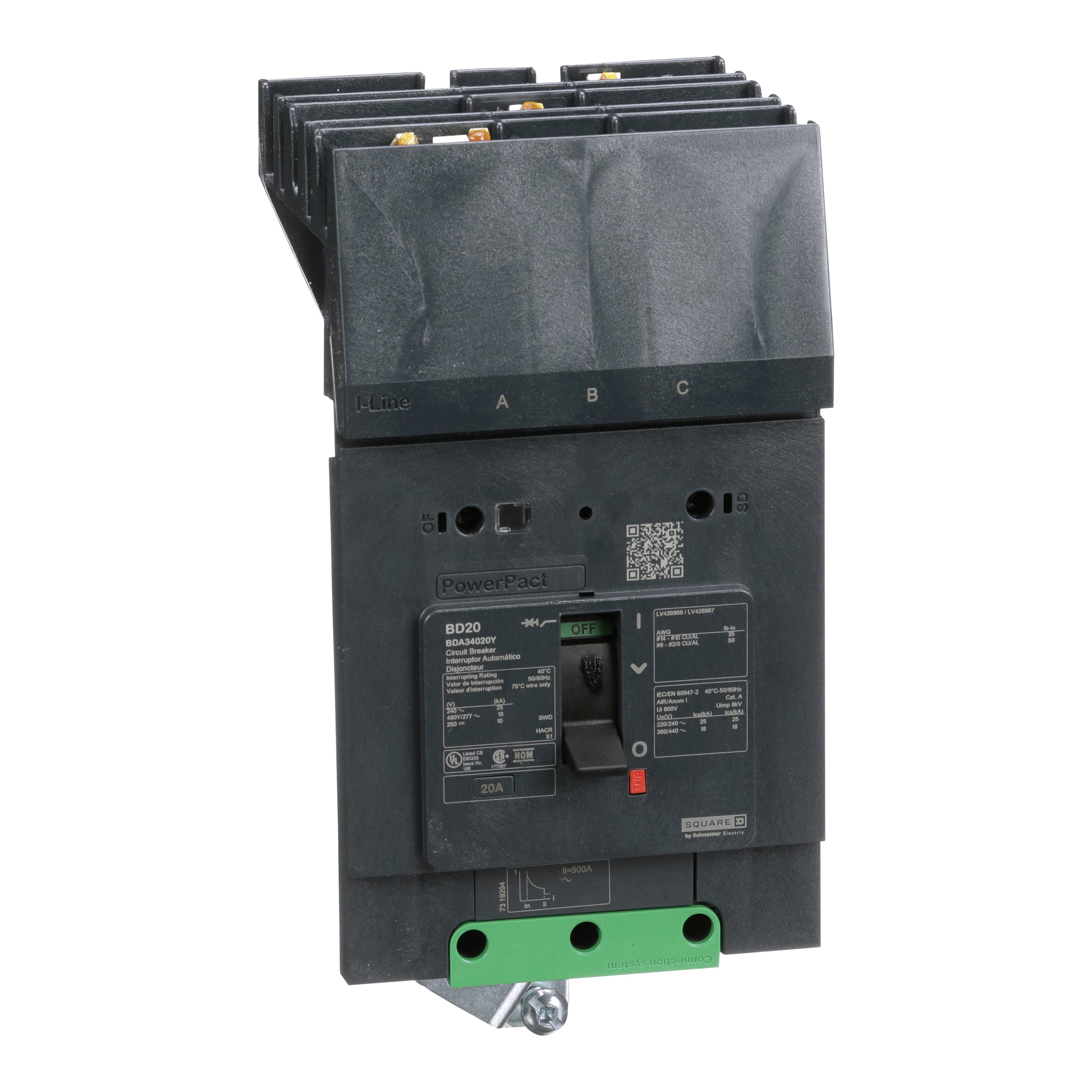 BDA34020Y - Circuit breaker, PowerPacT B, 20A, 3 pole, 480Y/277VAC, 18kA, I-Line, thermal magnetic, 80%, ABC