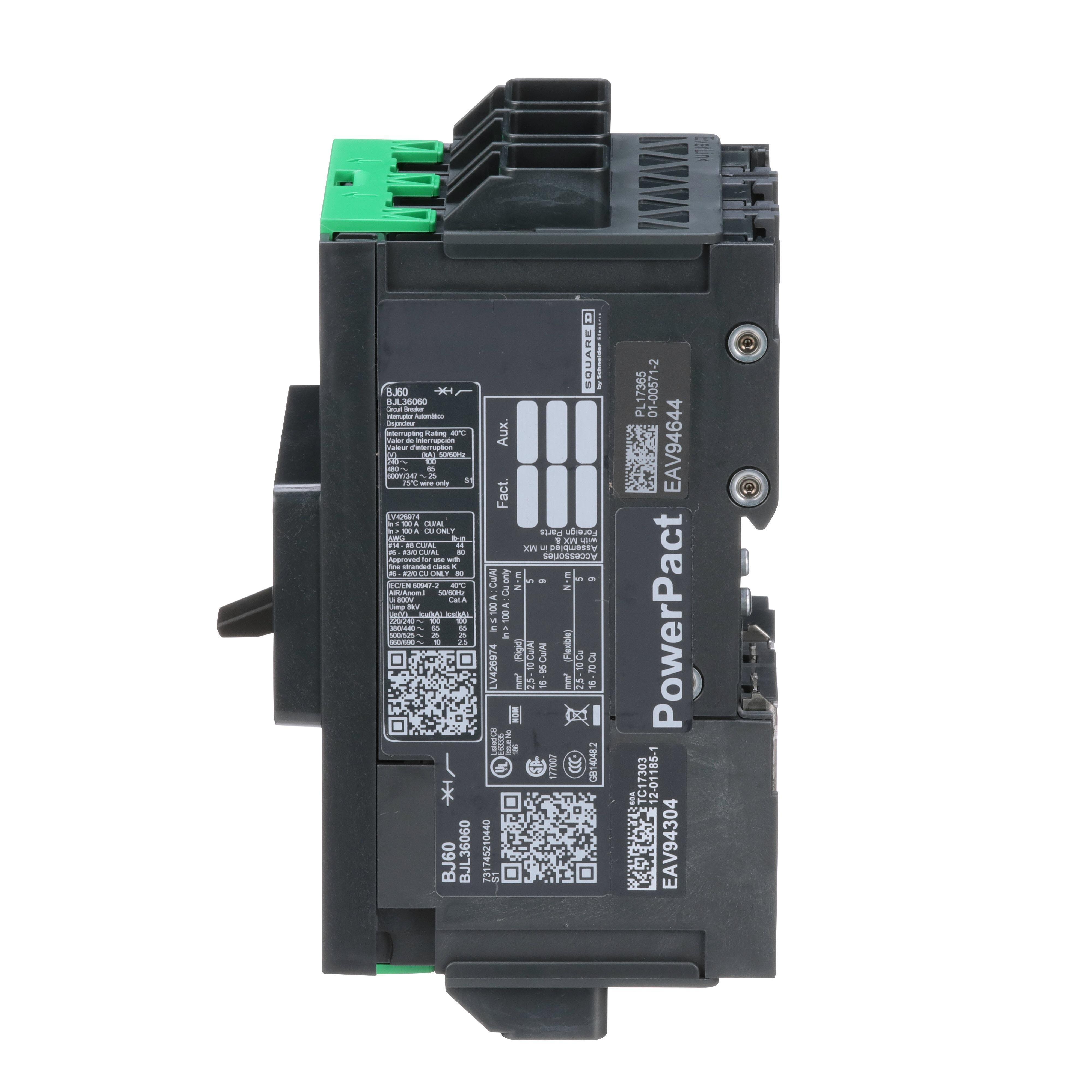 Picture of BJL36060 - Circuit breaker, PowerPacT B, 60A, 3 pole, 600Y/347VAC, 25kA, lugs, thermal magnetic, 80%