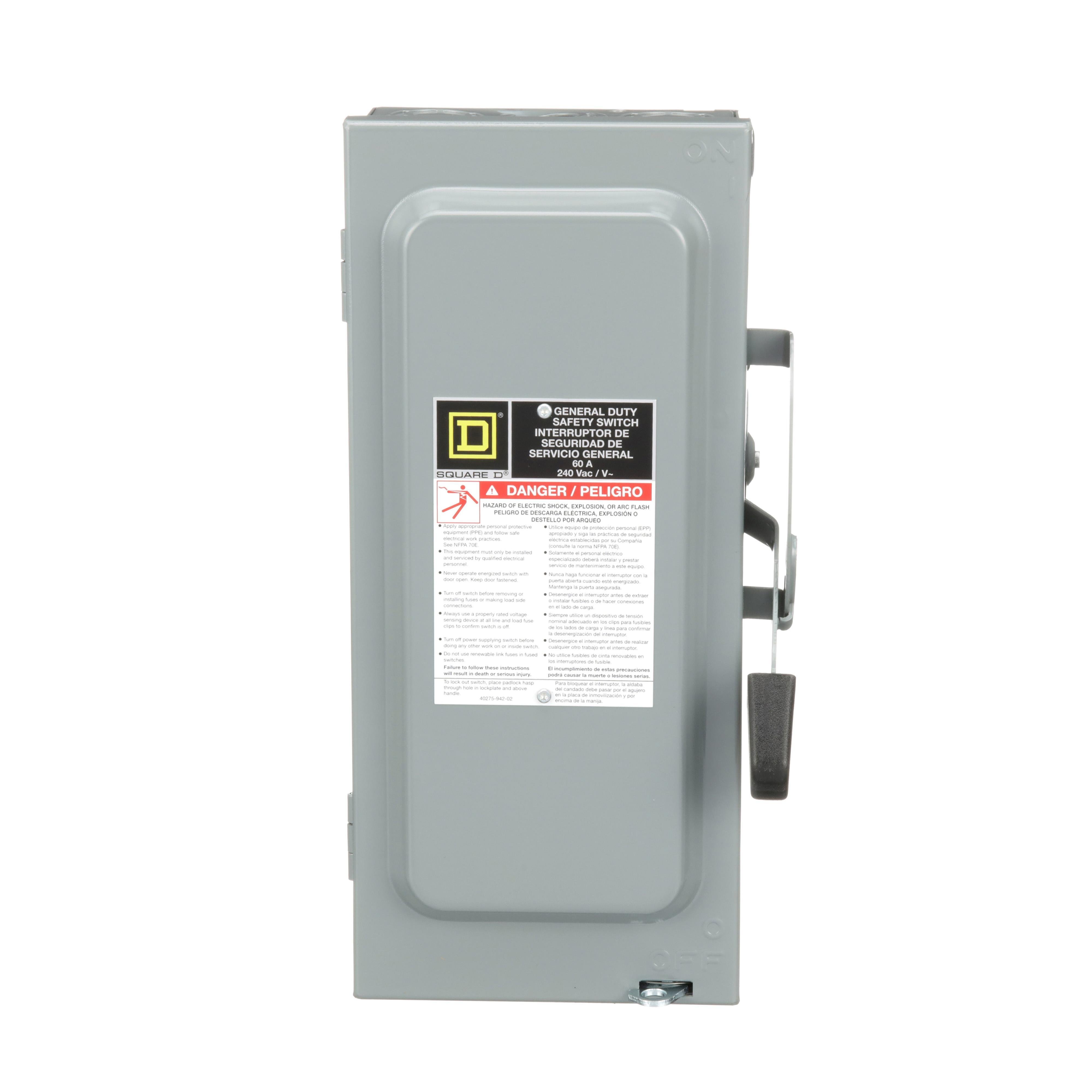Picture of D322N - Safety switch, general duty, fusible, 60A, 3 pole, 15hp, 240VAC, NEMA 1, neutral factory installed