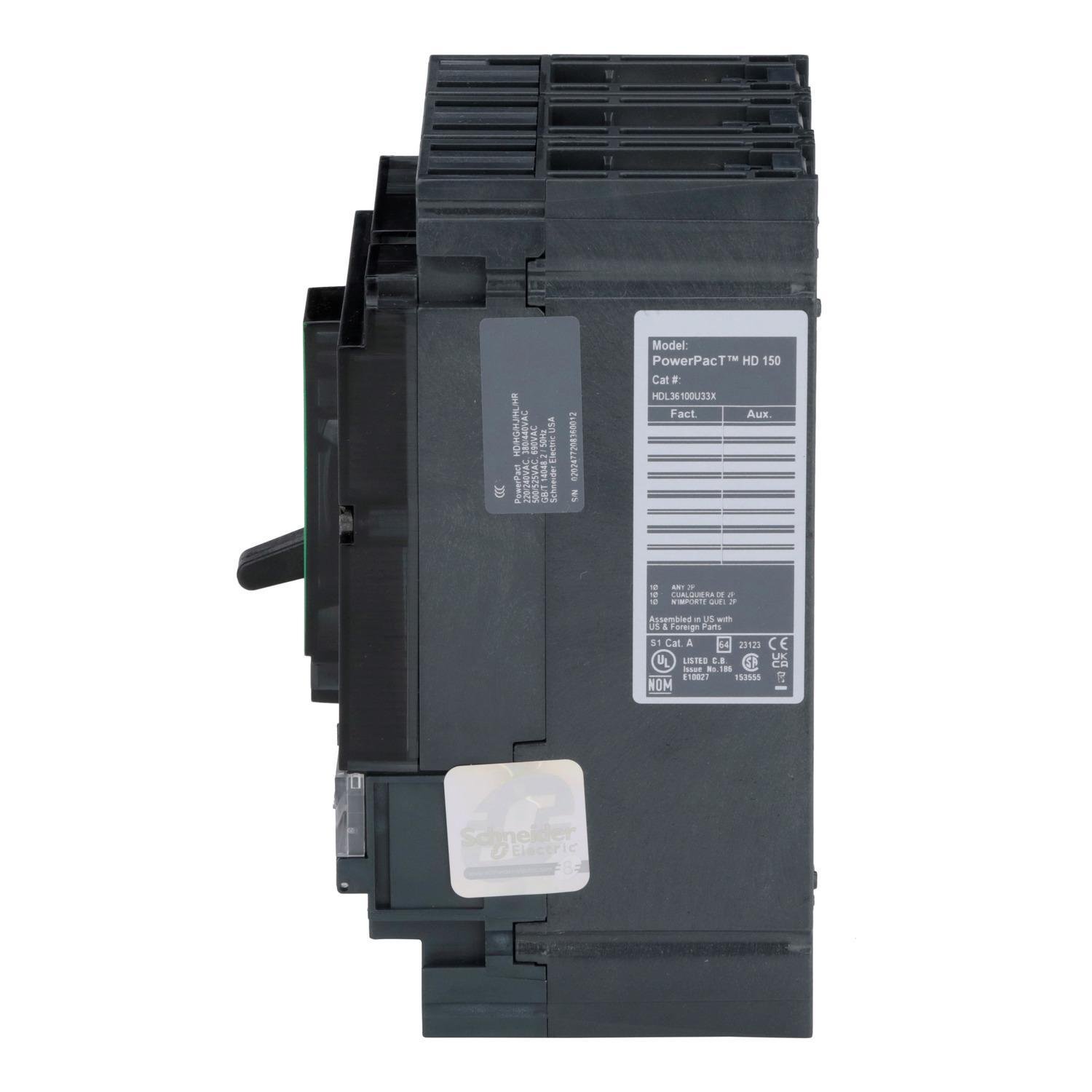 Picture of HDL36100U33X - Circuit breaker, PowerPacT H, 100A, 3 pole, 600VAC, 14kA, lugs, Micrologic 3.2S, 80%