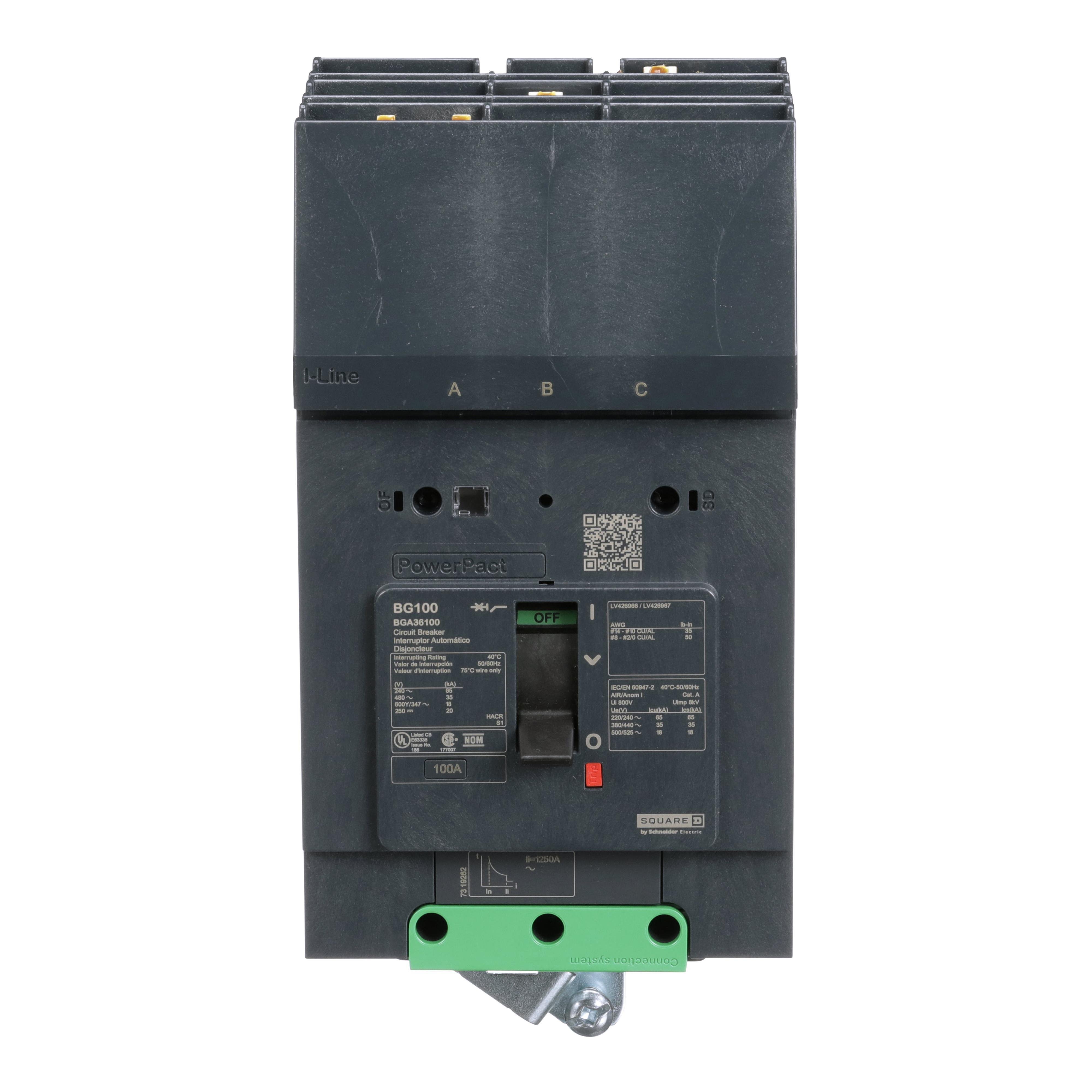 BGA36100 - Circuit breaker, PowerPacT B, 100A, 3 pole, 600Y/347VAC, 18kA, I-Line, thermal magnetic, 80%, ABC