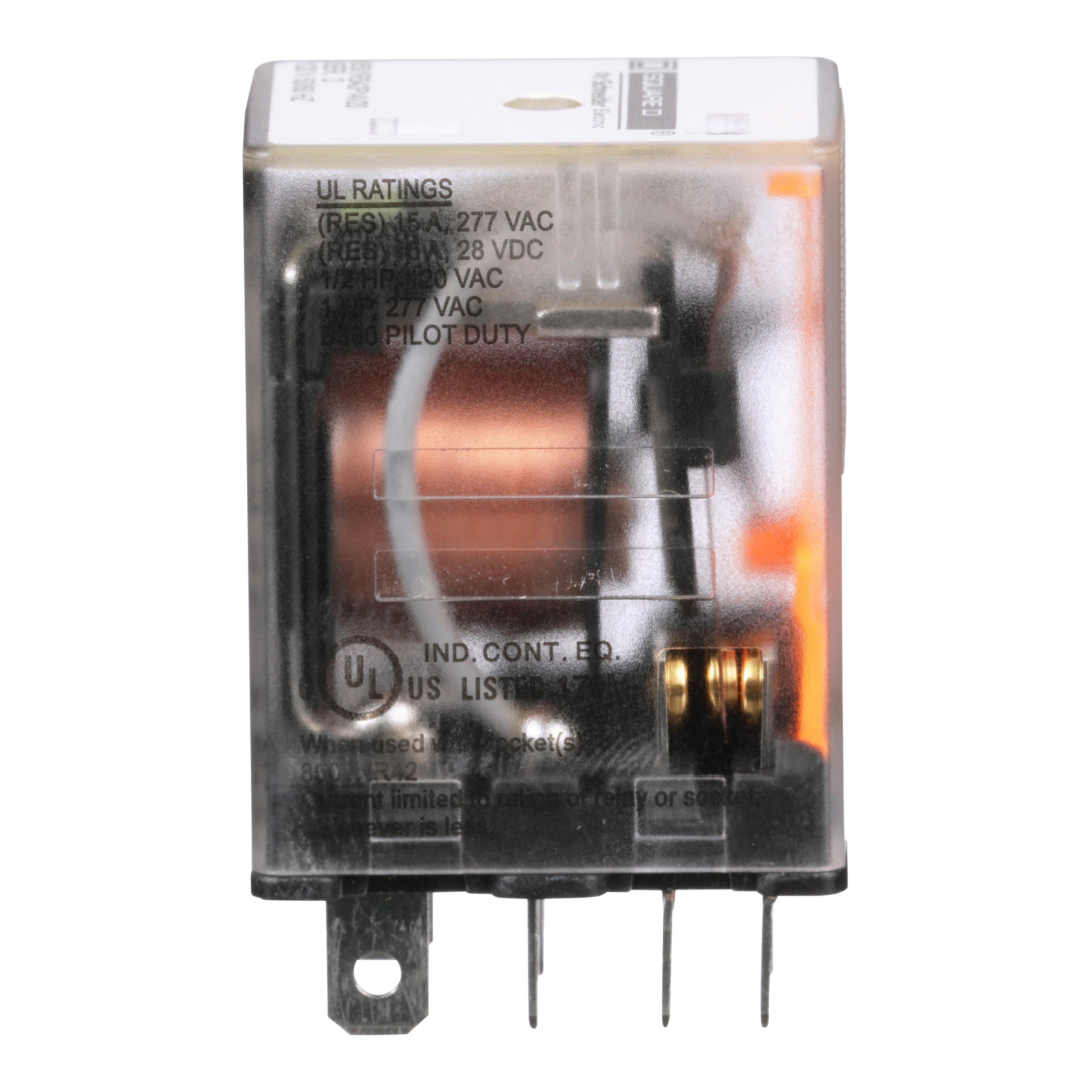 Picture of 8501RS42P14V20 - Plug in relay, Type R, miniature, 1 HP at 277 VAC, 15A resistive at 120 VAC, 8 blade, DPDT, 2 NO, 2 NC, 120 VAC coil
