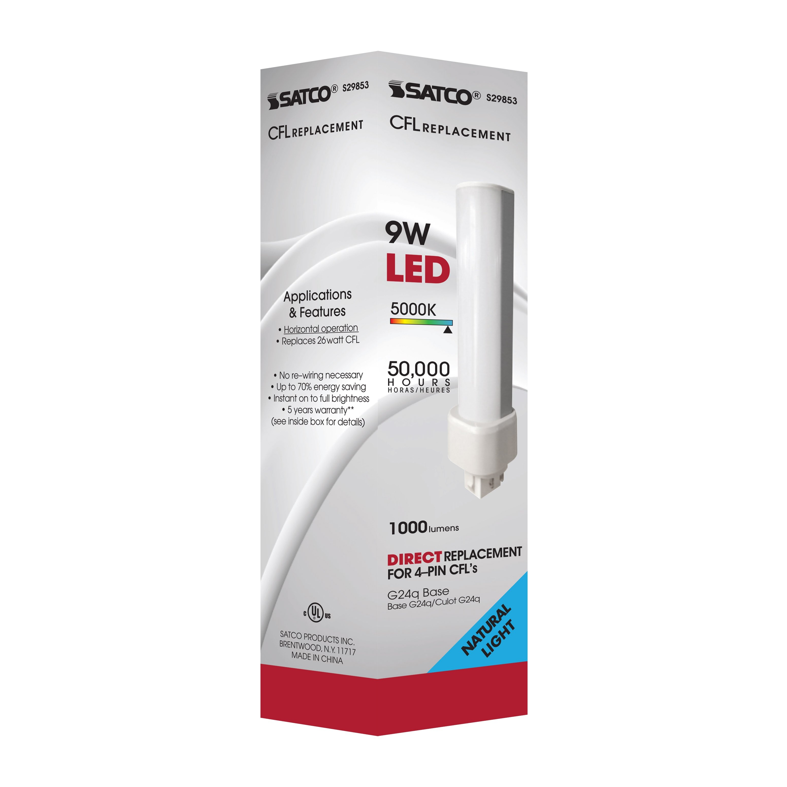 Picture of S29853 - 9 Watt LED PL 4-Pin - 5000K - 1100 Lumens - G24q base - 50000 Average rated hours - 120 Deg. Beam Angle - Type A - Ballast dependent