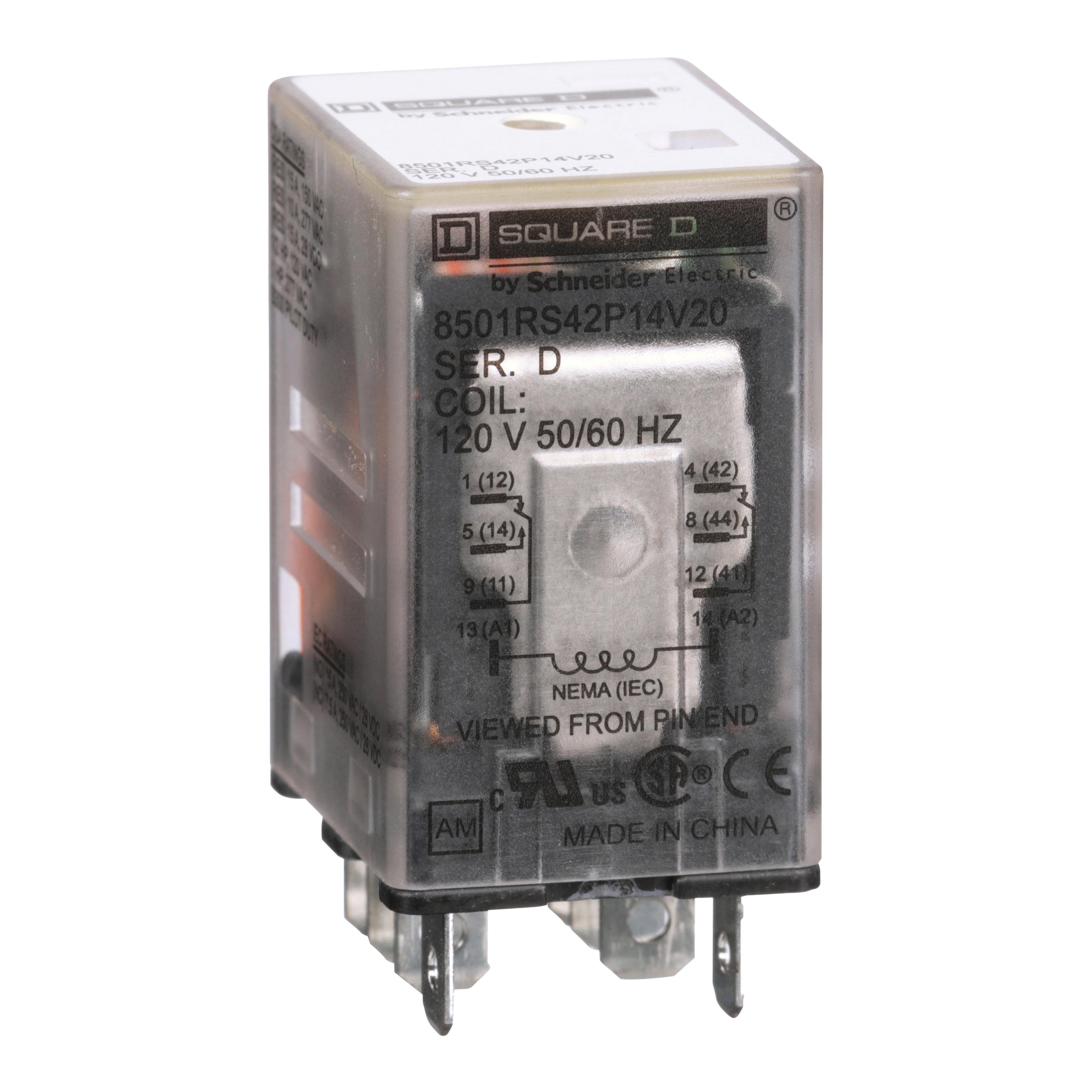 Picture of 8501RS42P14V20 - Plug in relay, Type R, miniature, 1 HP at 277 VAC, 15A resistive at 120 VAC, 8 blade, DPDT, 2 NO, 2 NC, 120 VAC coil