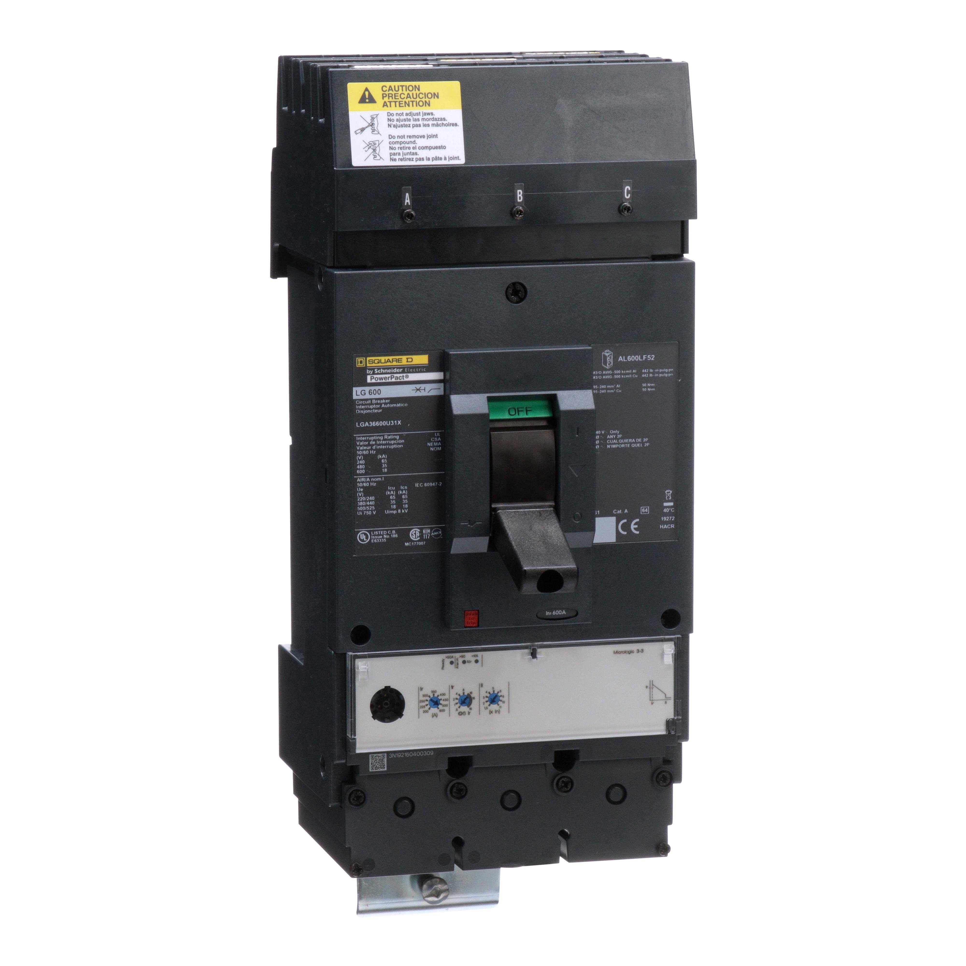 LGA36600U31X - Circuit breaker, PowerPacT L, 600A, 3 pole, 600VAC, 18kA, I-Line, MicroLogic 3.3, 80%, ABC