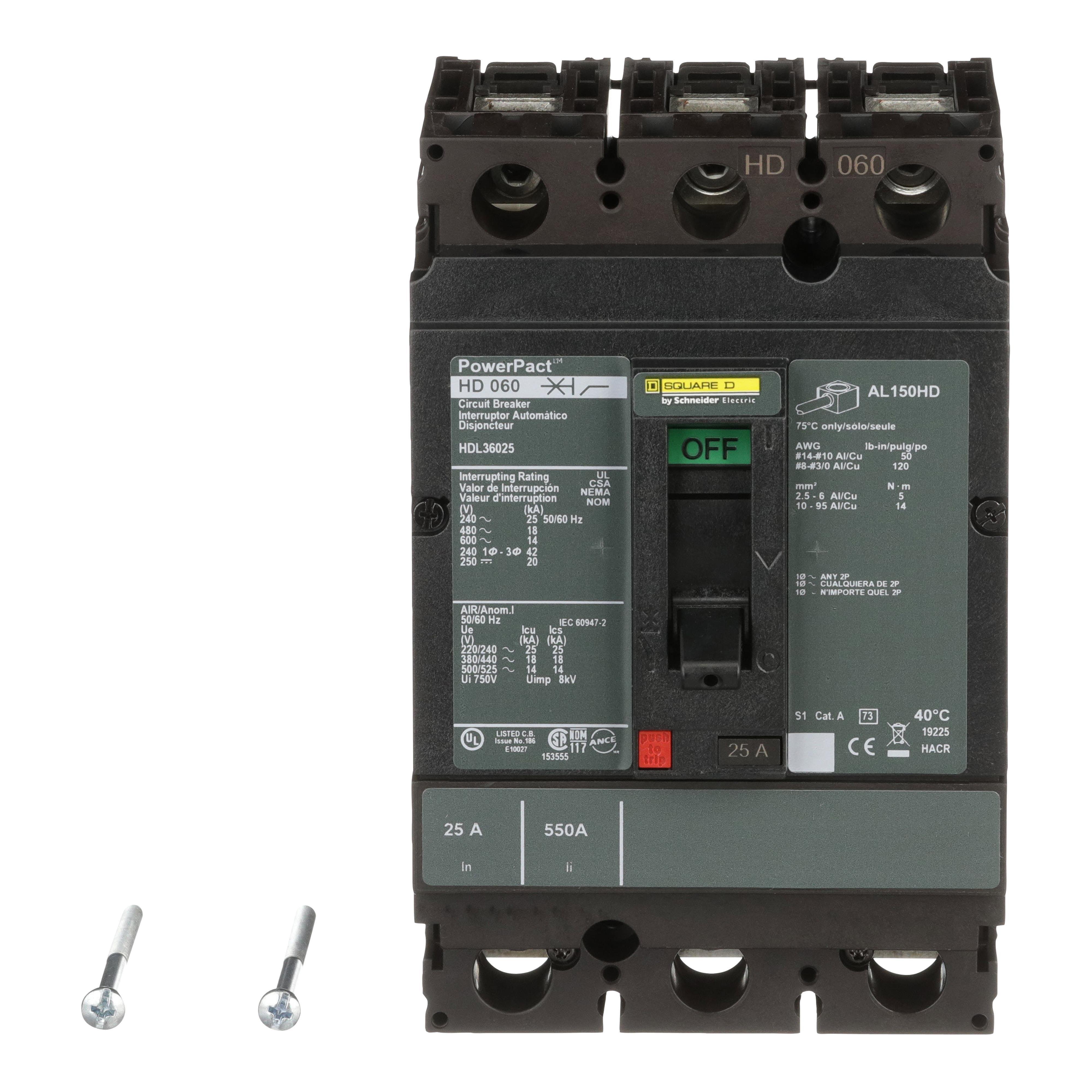 Picture of HDL36025 - Circuit breaker, PowerPacT H, 25A, 3 pole, 600VAC, 14kA, lugs, thermal magnetic, 80%