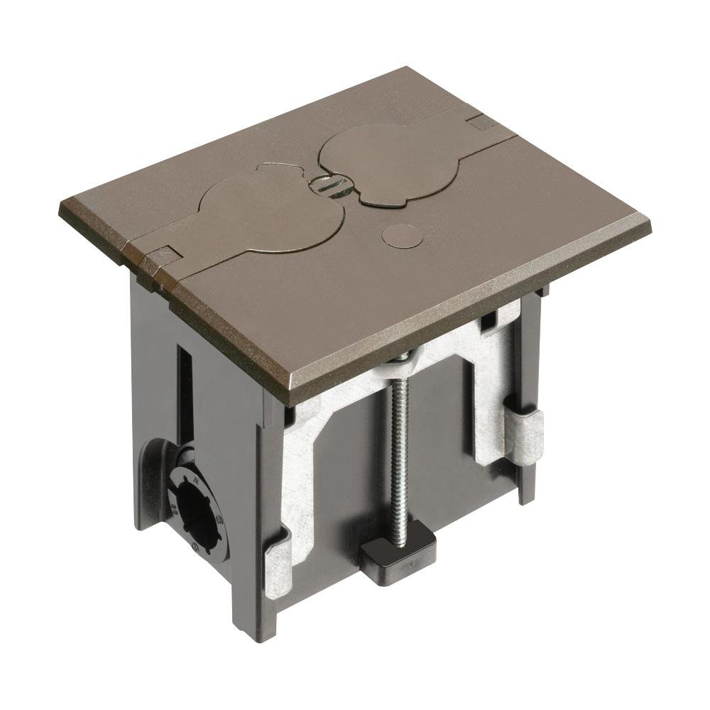FLBAF101BR - Non Metallic adjustable floor box. Brown with flip lids. Includes tamper resistant duplex receptacle, cover plate with gasket and Arlington NM94 connector and Arlington NM900 knockout plug.