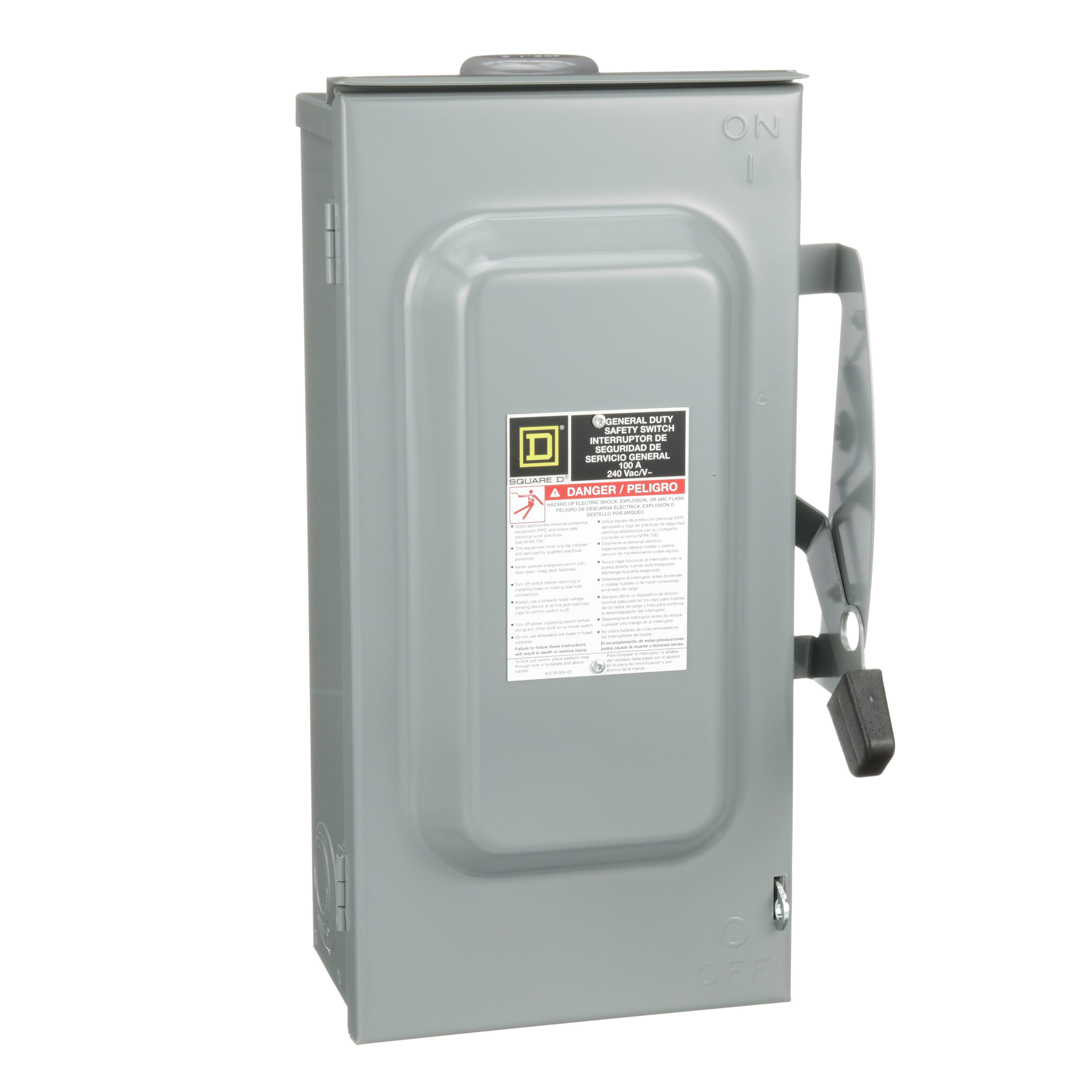 D223NRB - Safety switch, general duty, fusible, 100A, 2 pole, 30hp, 240VAC, NEMA 3R, 3 wire, 1 neutral, bolt on hub provision